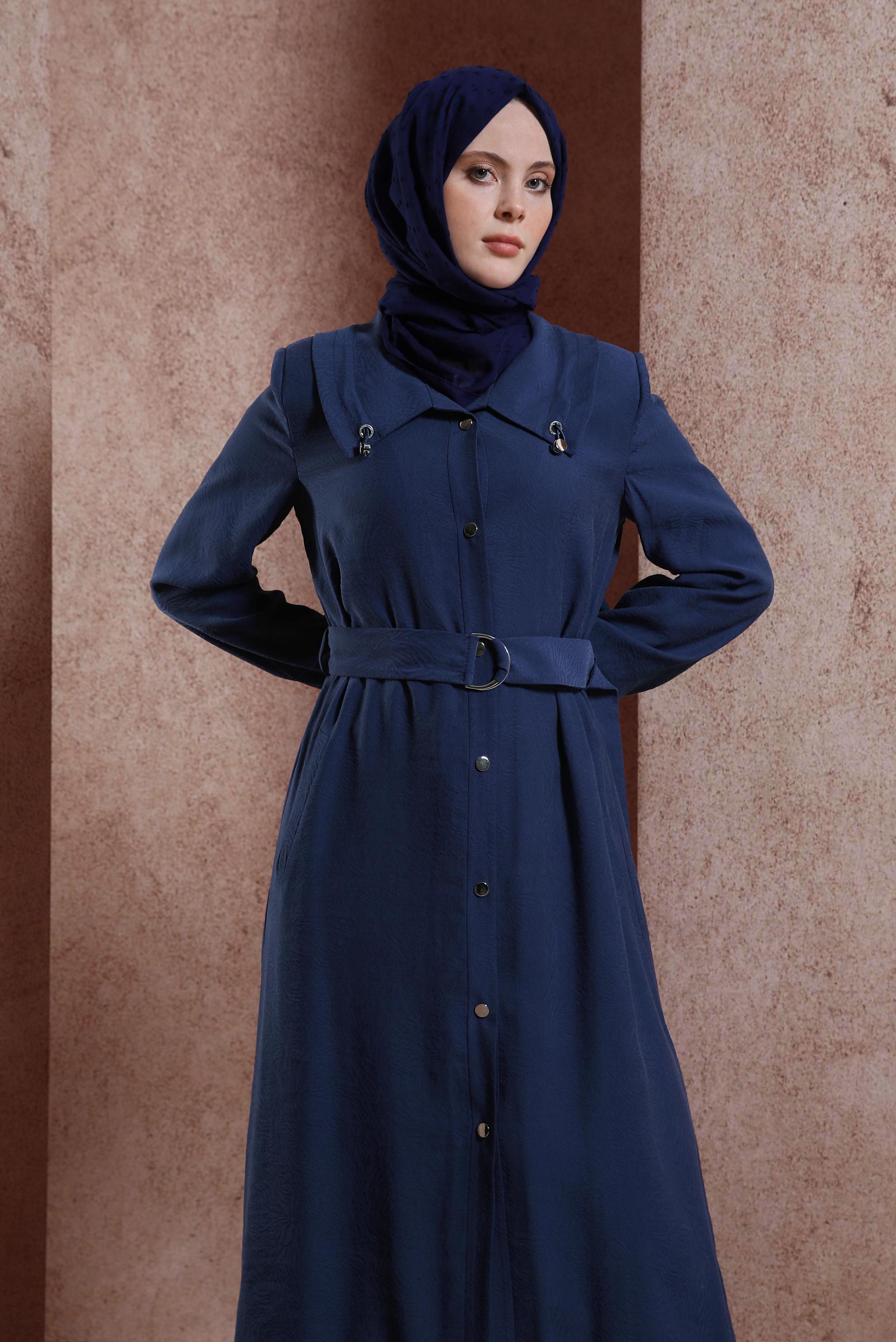 Tesettür giyim LACİVERT KEMERLİ TRENÇKOT 10876