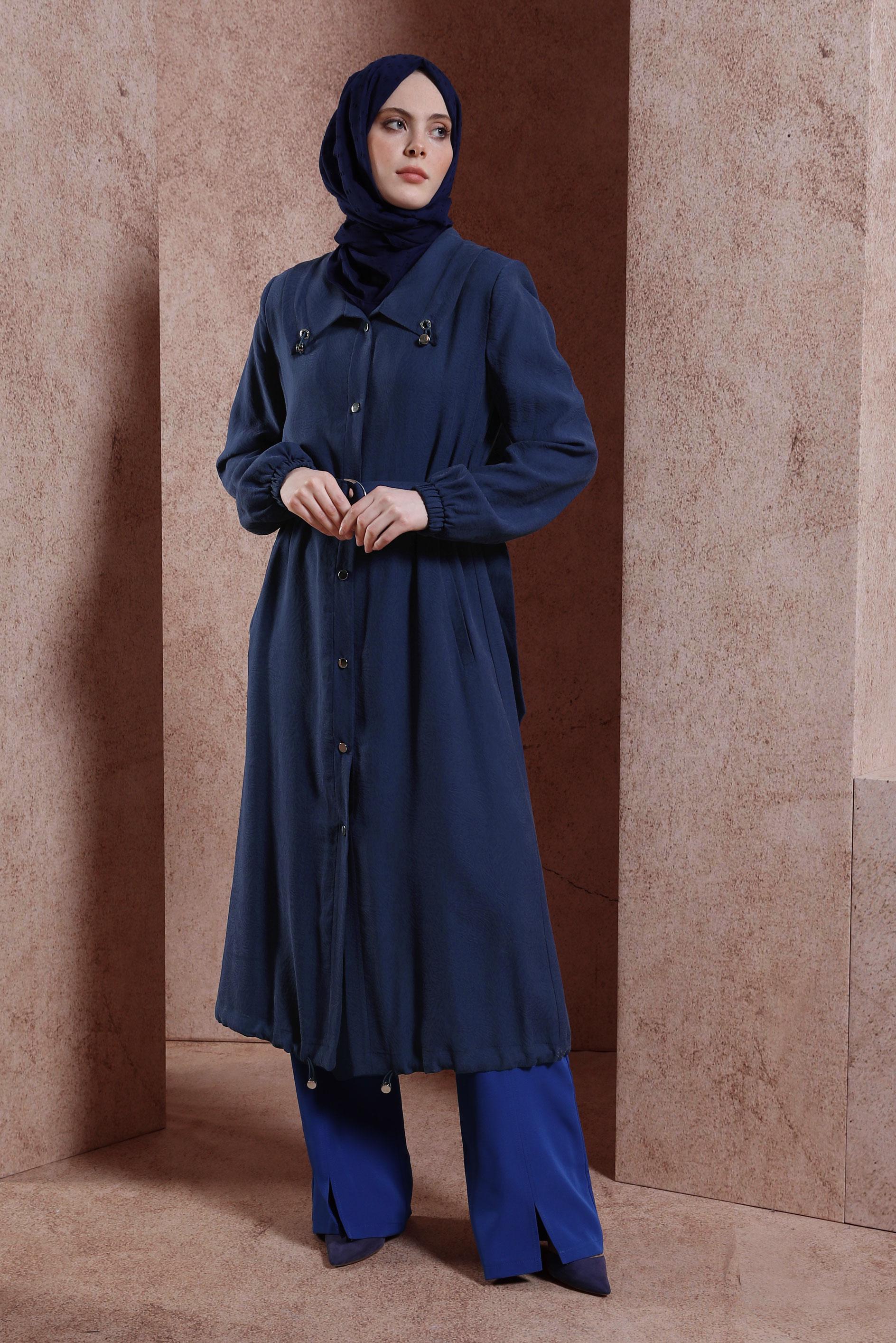 Tesettür giyim LACİVERT KEMERLİ TRENÇKOT 10876