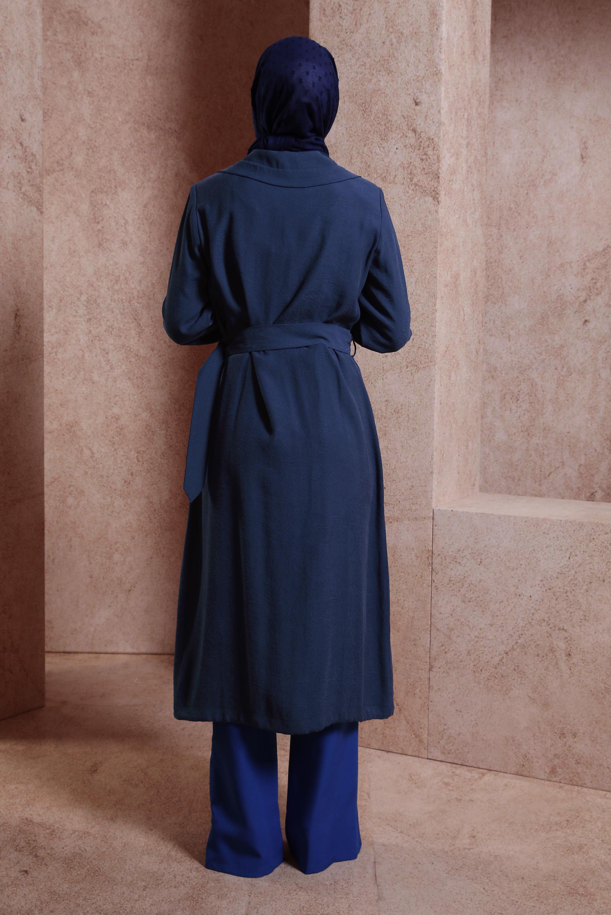 Tesettür giyim LACİVERT KEMERLİ TRENÇKOT 10876