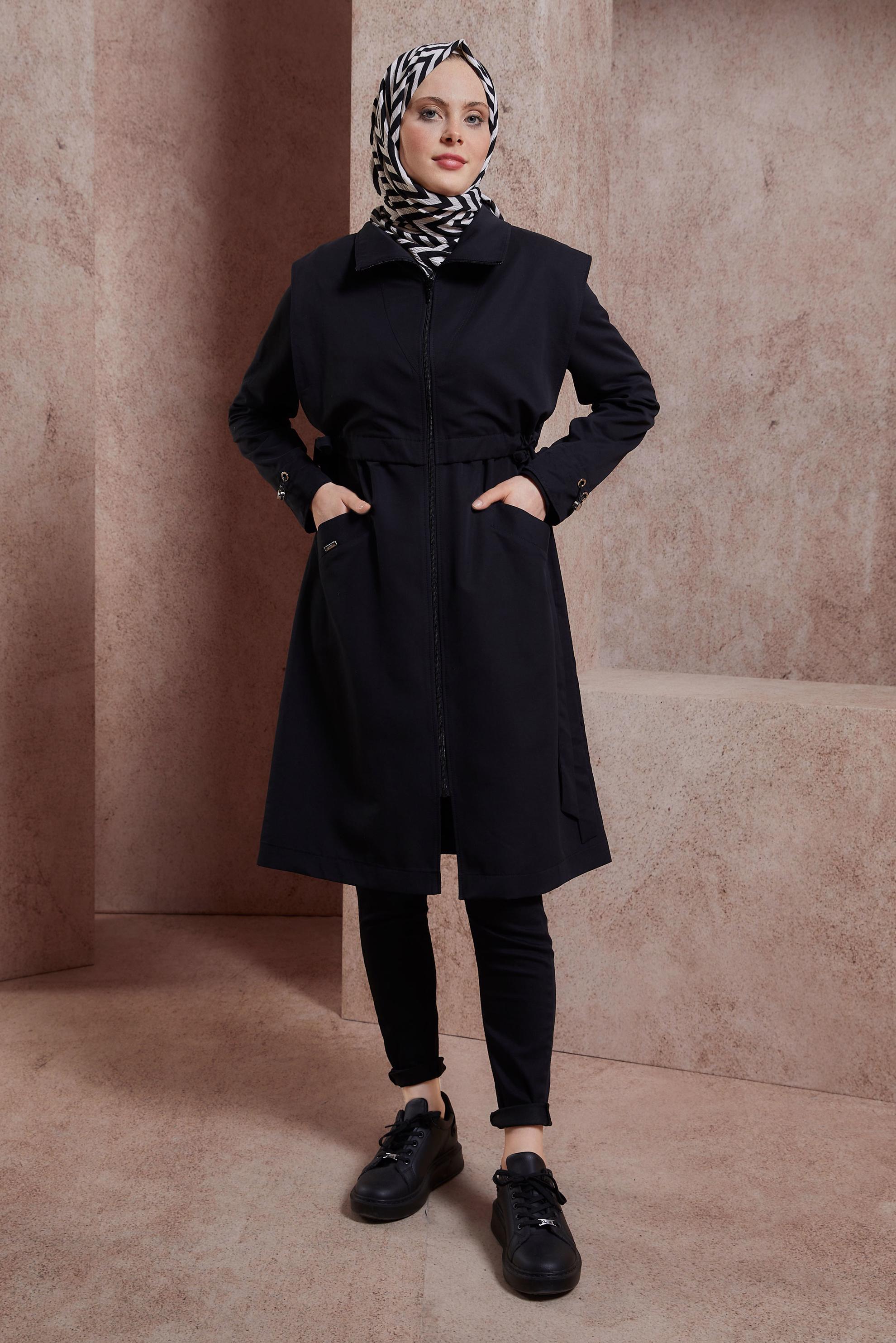 Tesettür giyim SİYAH BAĞLAMA DETAYLI TRENÇKOT 10882