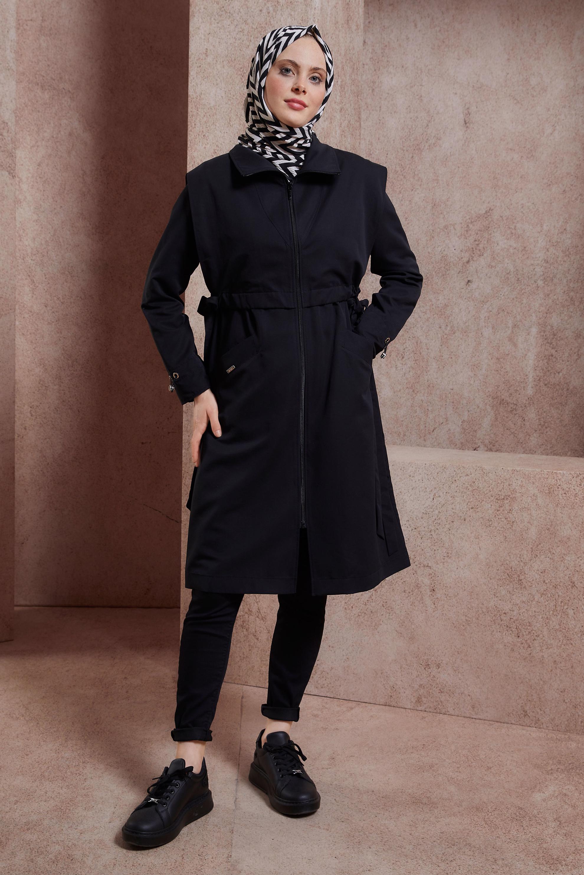 Tesettür giyim SİYAH BAĞLAMA DETAYLI TRENÇKOT 10882