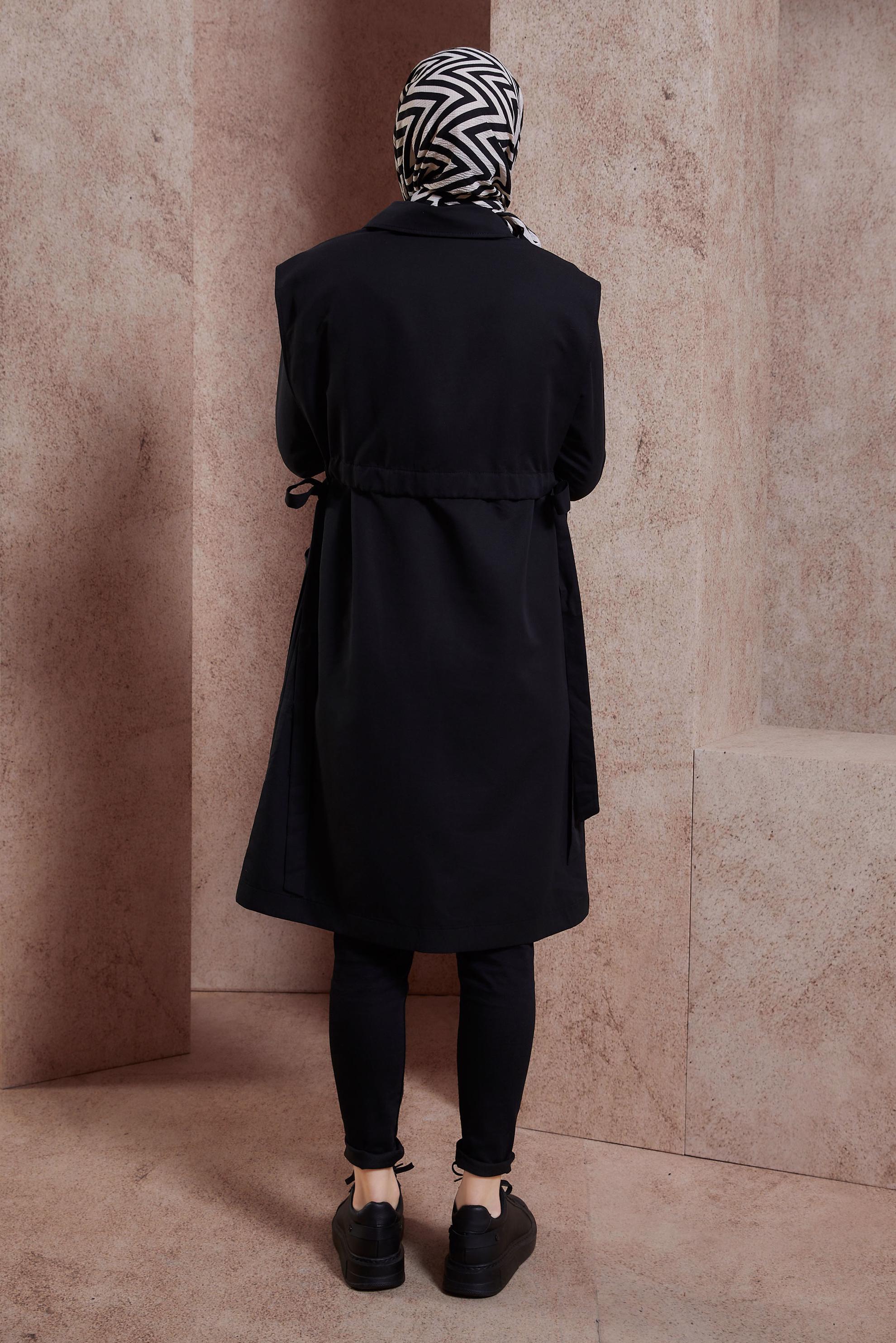 Tesettür giyim SİYAH BAĞLAMA DETAYLI TRENÇKOT 10882