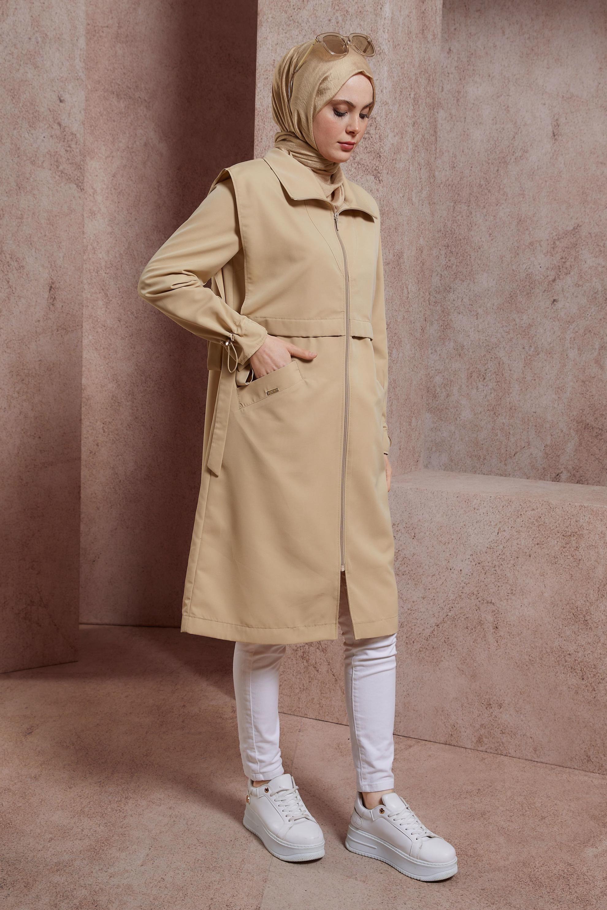 Tesettür giyim BEJ BAĞLAMA DETAYLI TRENÇKOT 10882