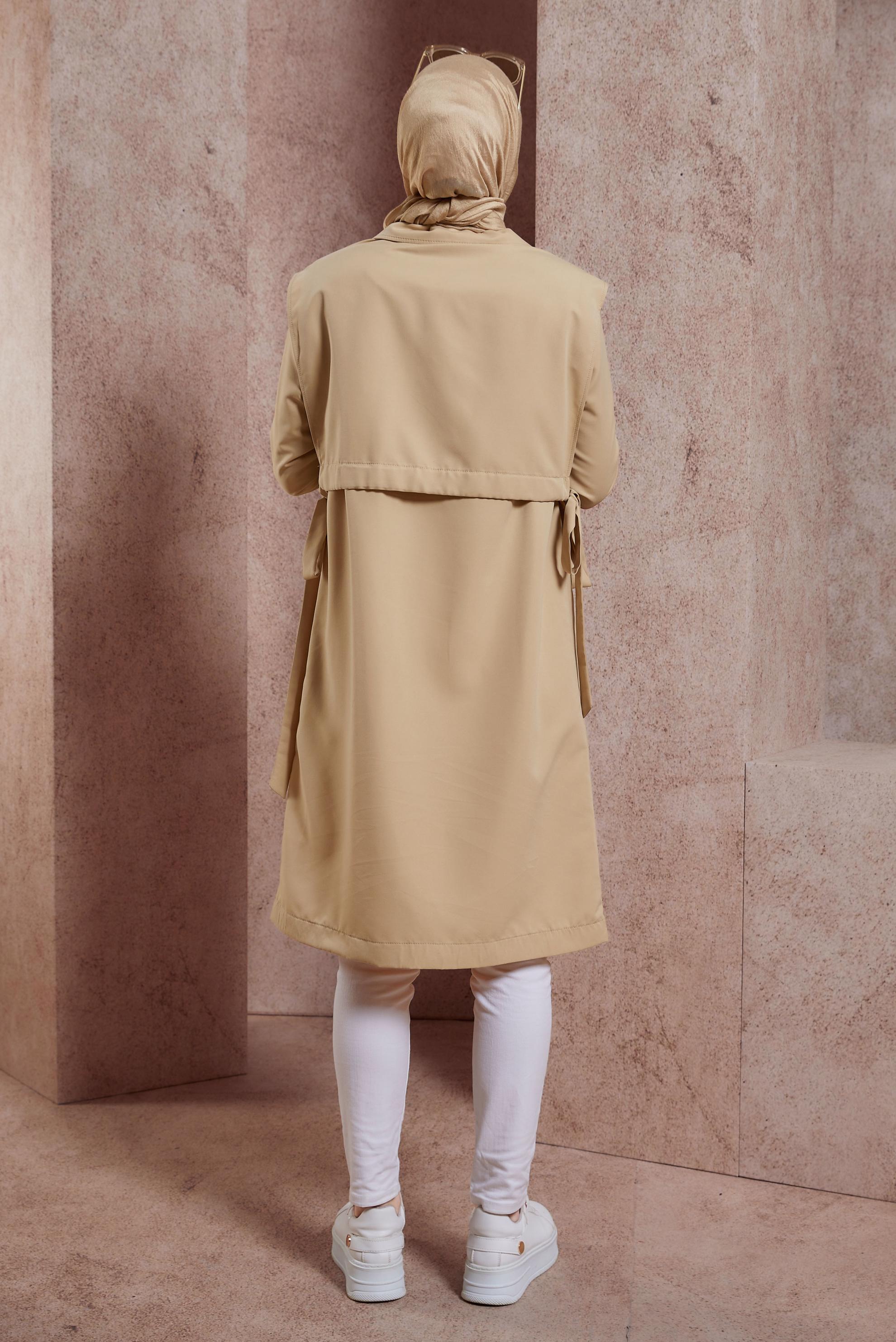 Tesettür giyim BEJ BAĞLAMA DETAYLI TRENÇKOT 10882