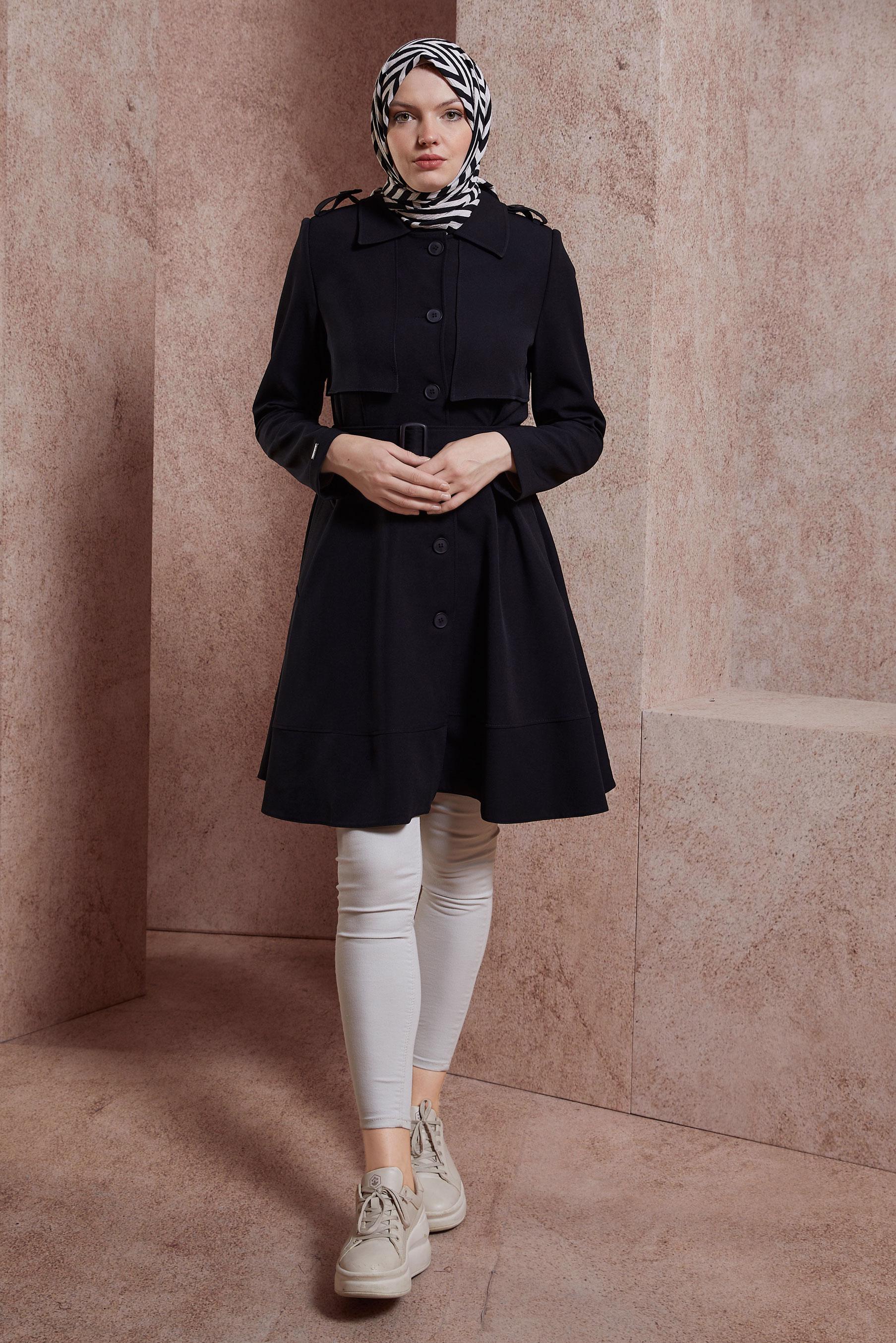 Tesettür giyim SİYAH KEMERLİ TRENÇKOT 10883