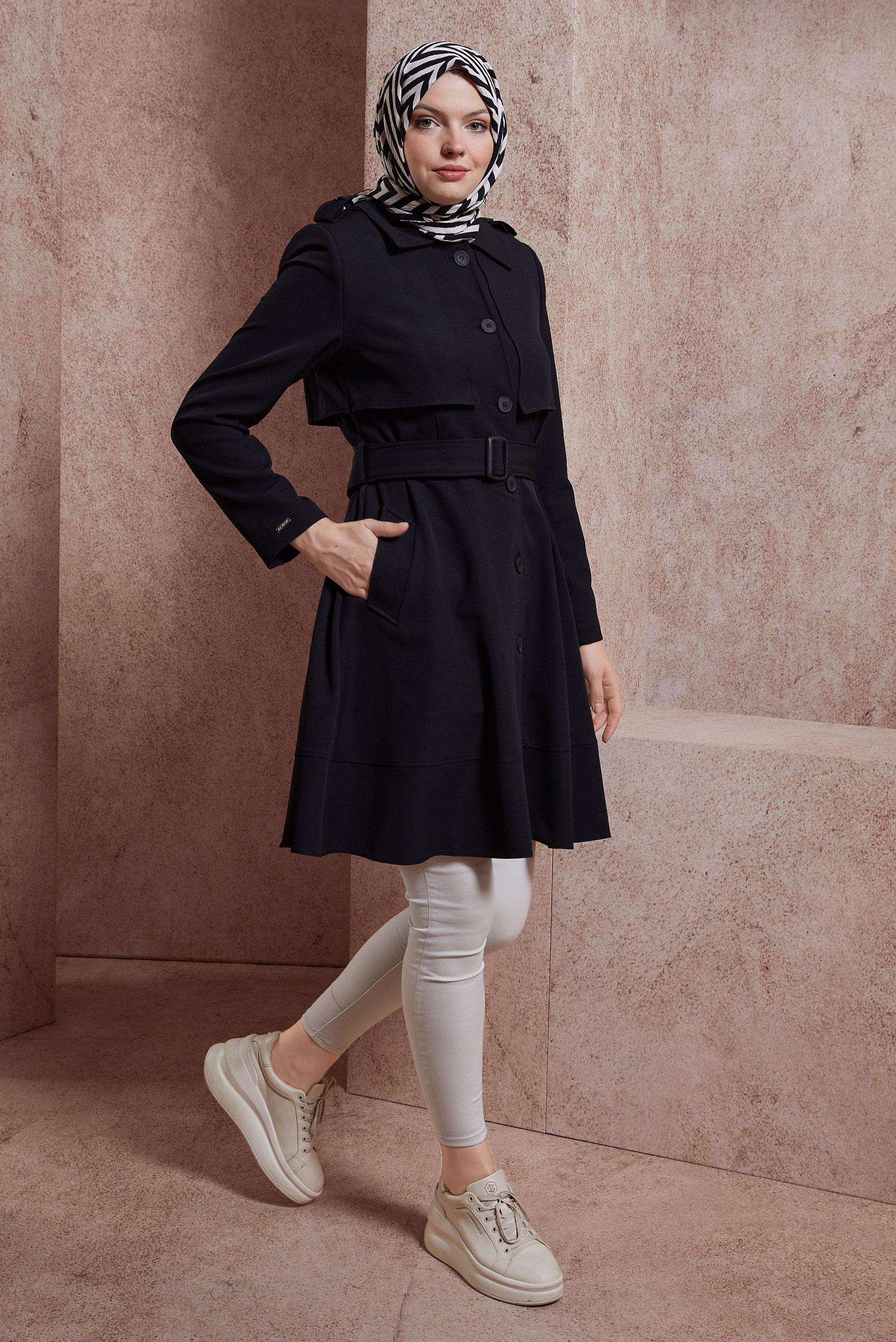 Tesettür giyim SİYAH KEMERLİ TRENÇKOT 10883