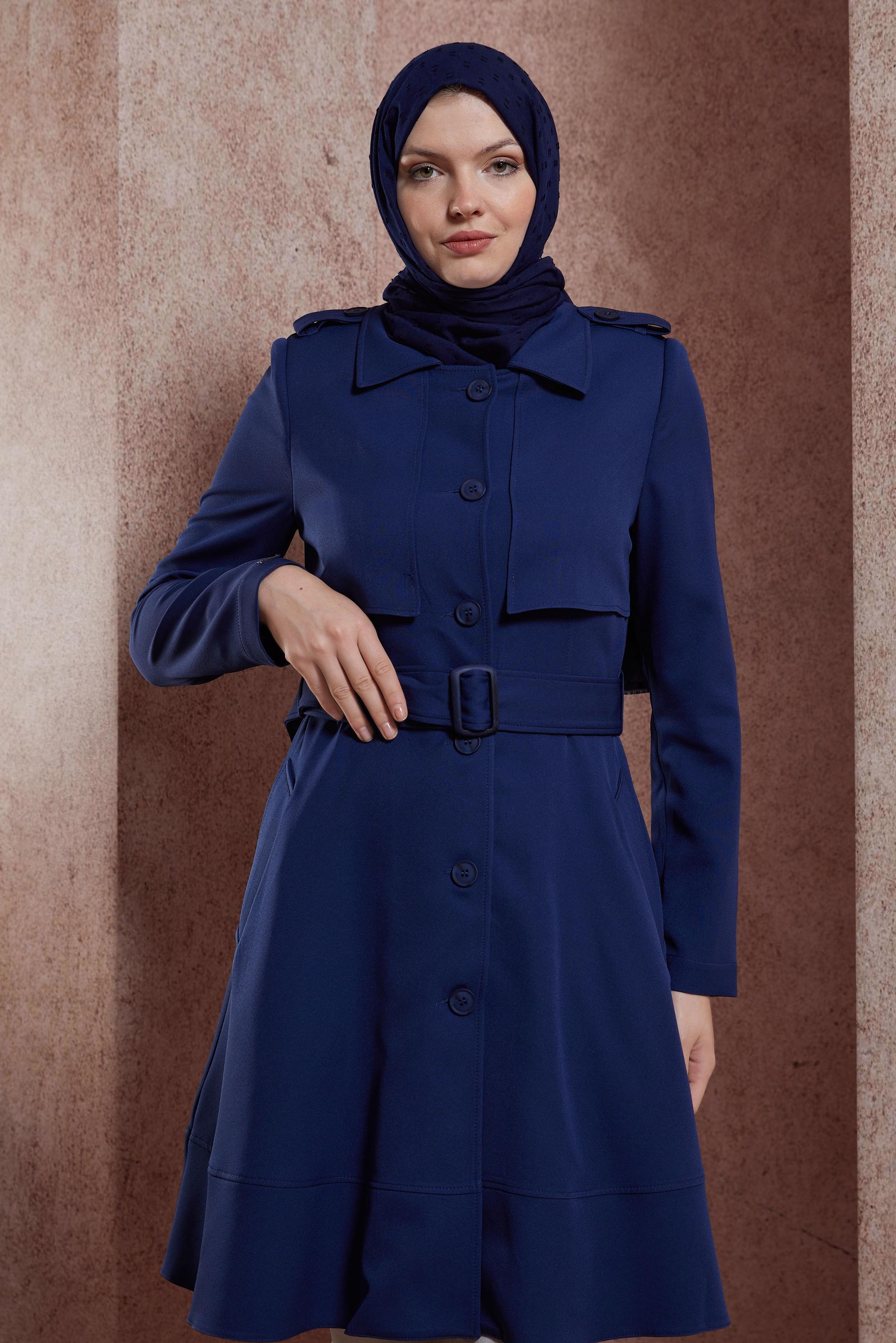 Tesettür giyim LACİVERT KEMERLİ TRENÇKOT 10883