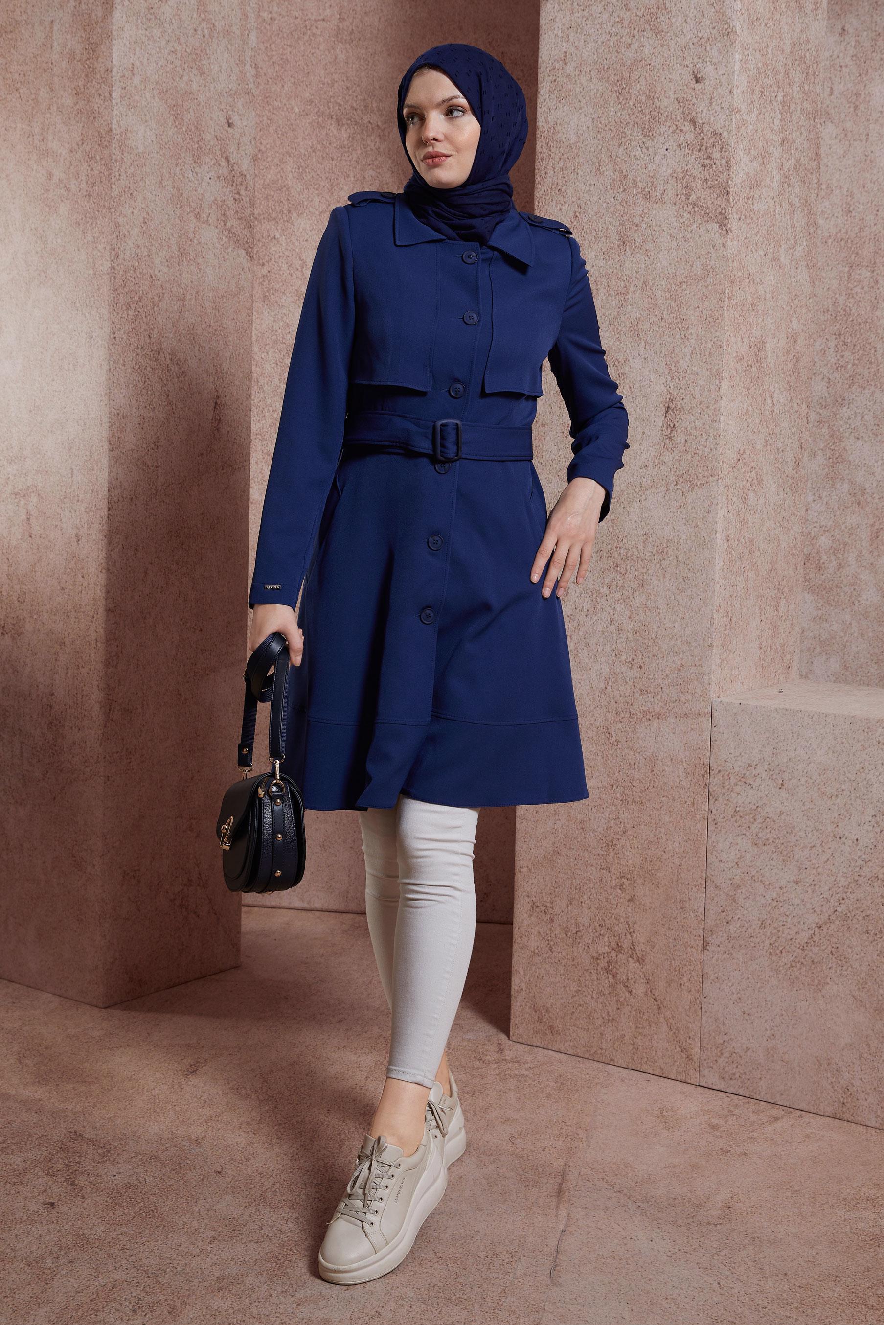Tesettür giyim LACİVERT KEMERLİ TRENÇKOT 10883