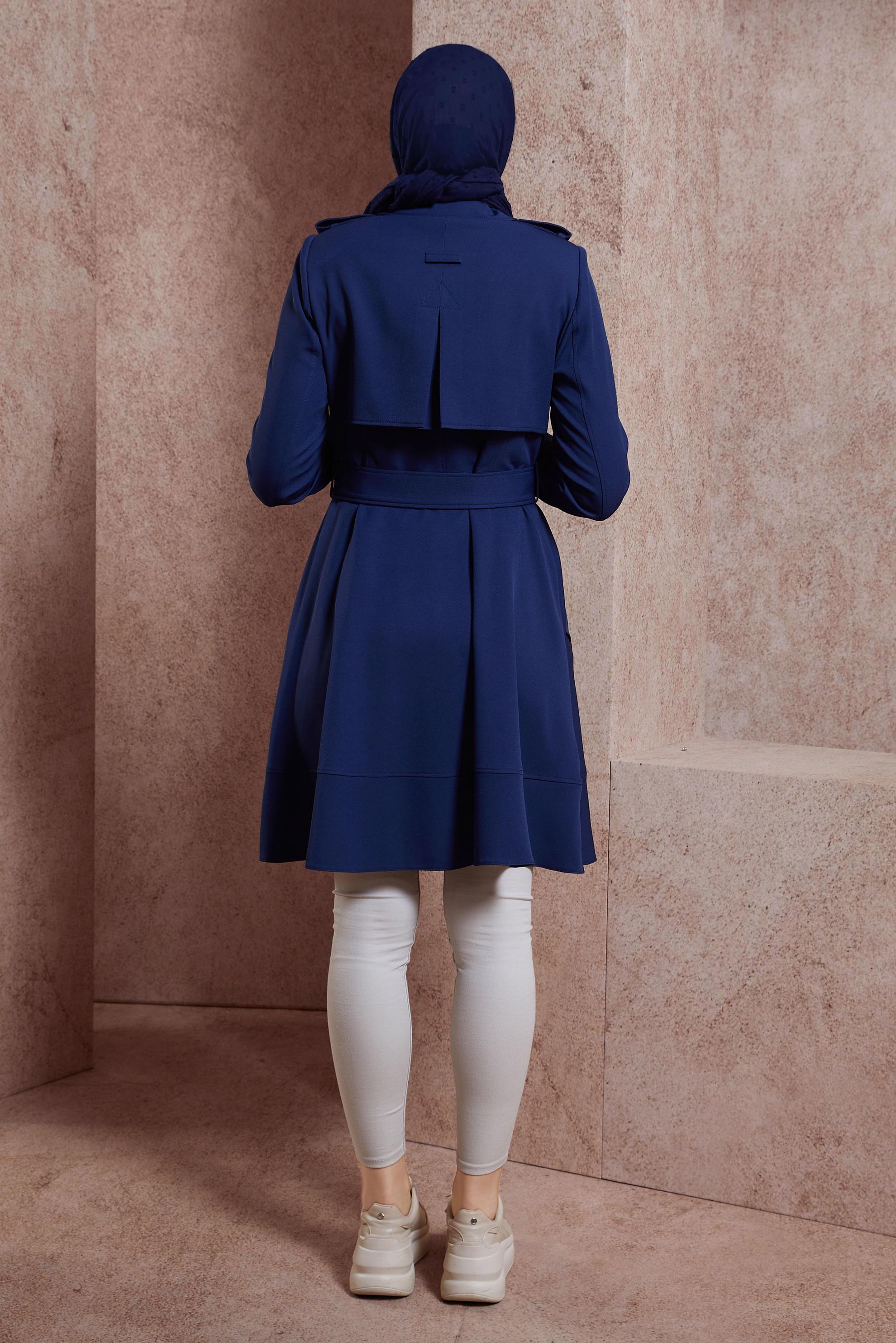 Tesettür giyim LACİVERT KEMERLİ TRENÇKOT 10883