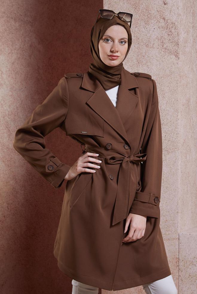 Vêtements hijab BRUN TRENCH-COAT CEINTURÉ 10891 - ALVİNA