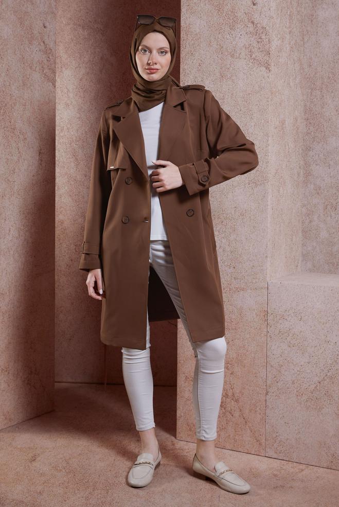 Vêtements hijab BRUN TRENCH-COAT CEINTURÉ 10891 - ALVİNA