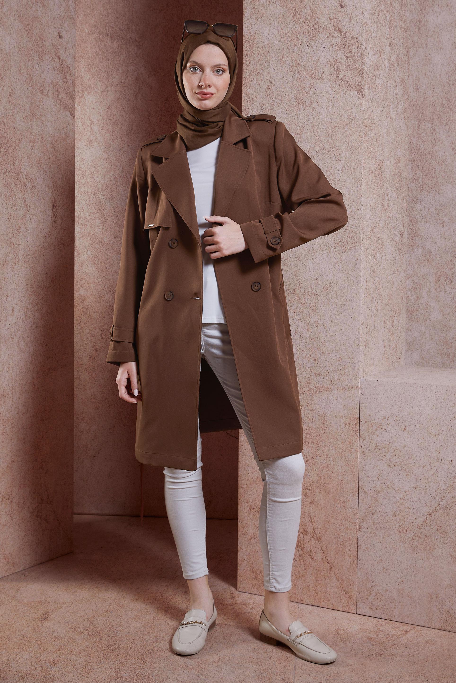 Tesettür giyim KAHVE KUŞAKLI TRENÇKOT 10891