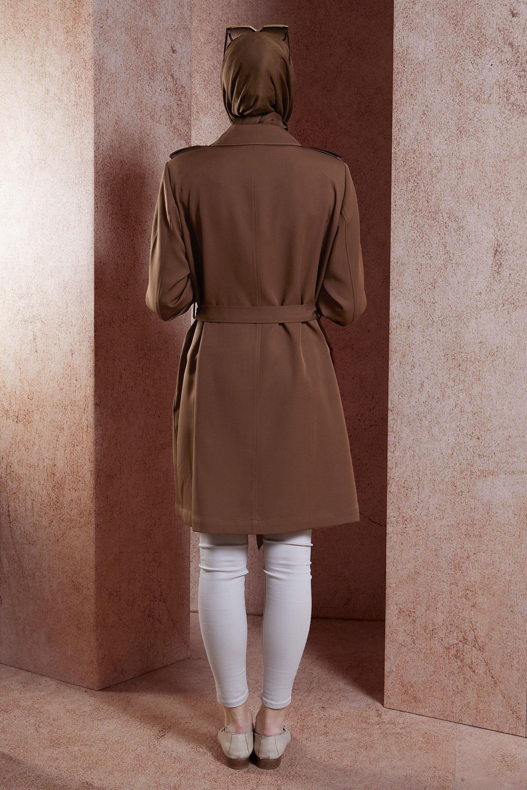 Tesettür giyim KAHVE KUŞAKLI TRENÇKOT 10891