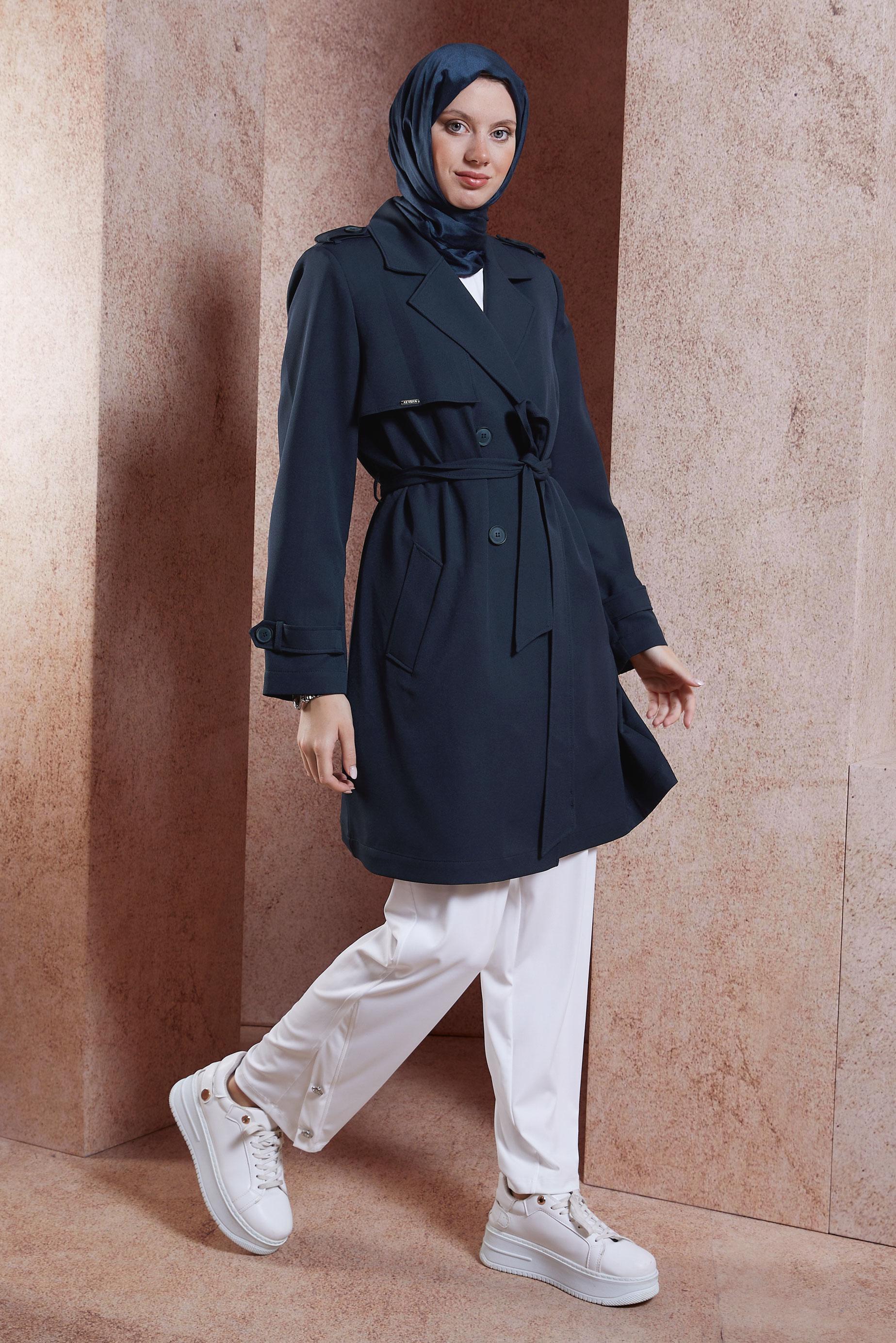Tesettür giyim LACİVERT KUŞAKLI TRENÇKOT 10891