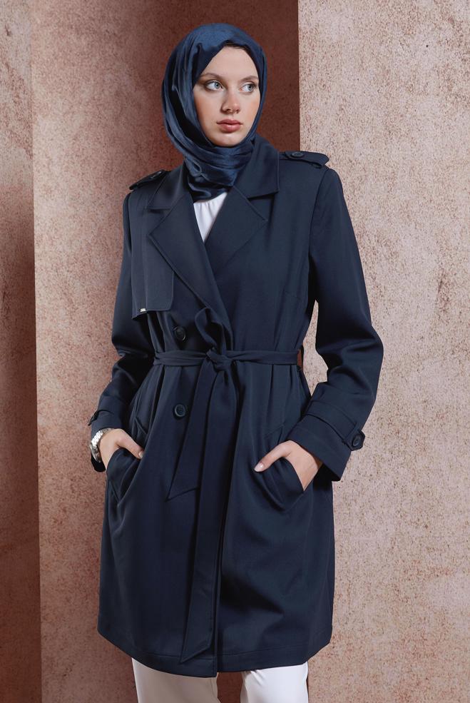 Vêtements hijab BLEU MARINE TRENCH-COAT CEINTURÉ 10891 - ALVİNA