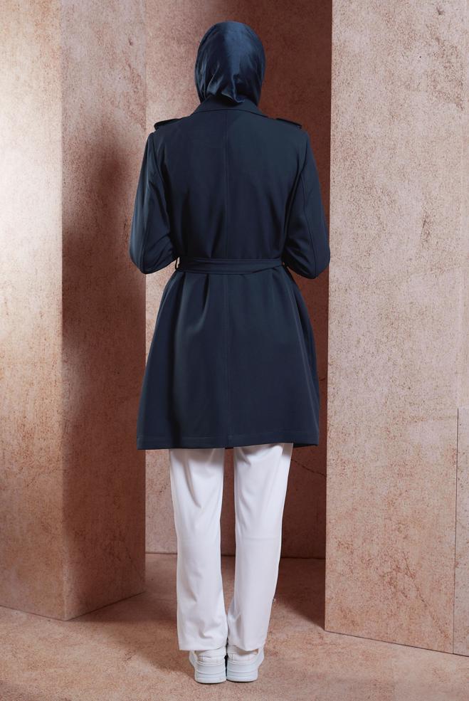 Vêtements hijab BLEU MARINE TRENCH-COAT CEINTURÉ 10891 - ALVİNA