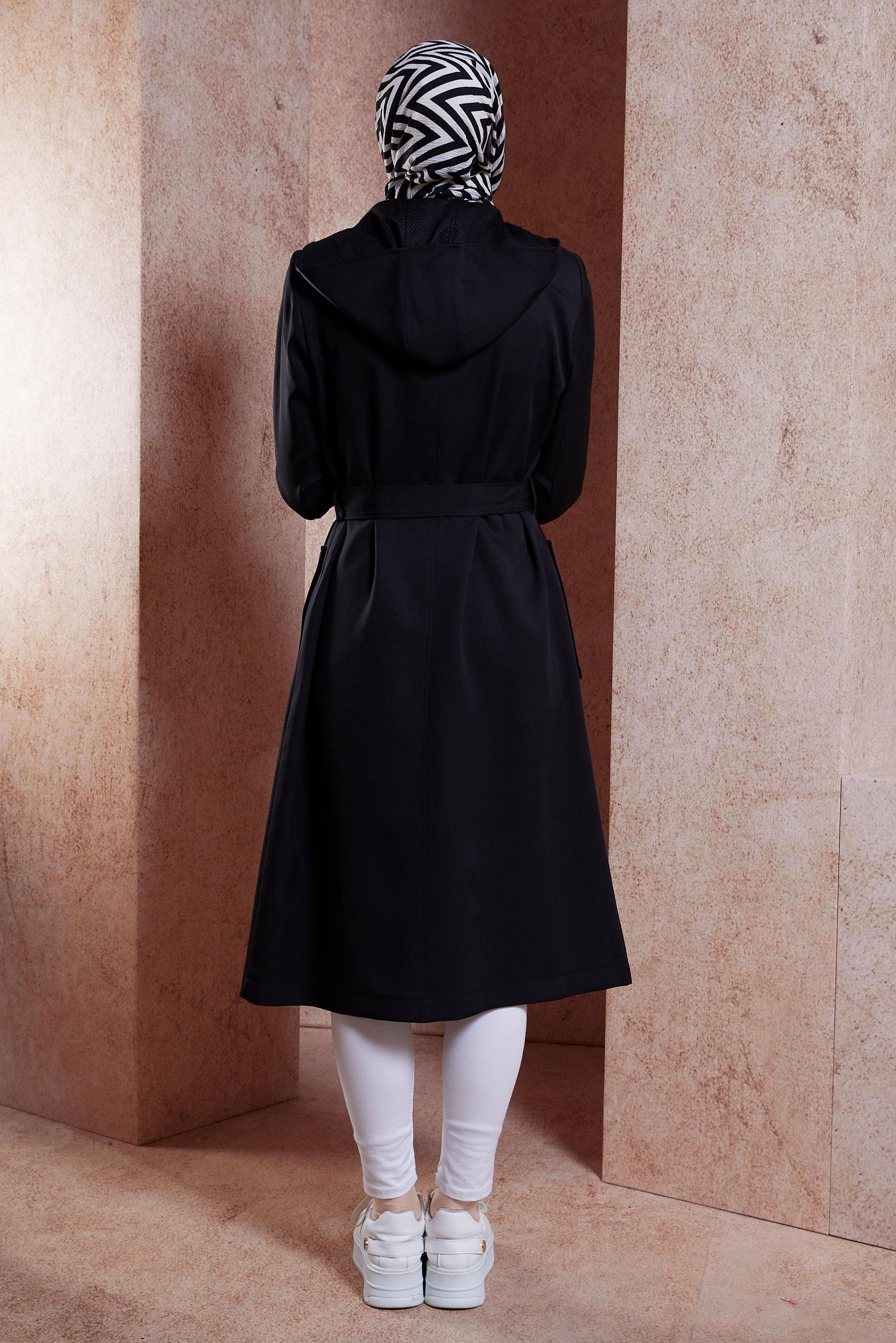 Tesettür giyim SİYAH KUŞAKLI KAPÜŞONLU TRENÇKOT 10893