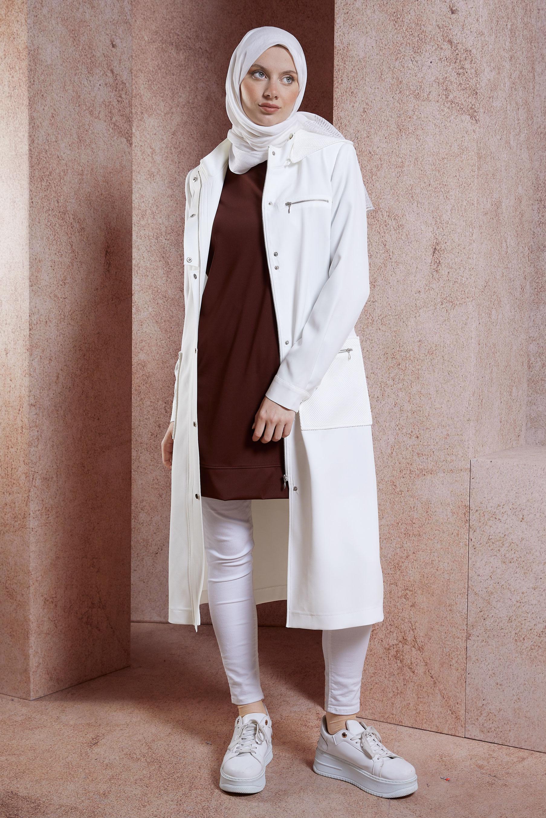 Vêtements hijab BLANC TRENCH-COAT À CAPUCHE AVEC CEINTURE 10893