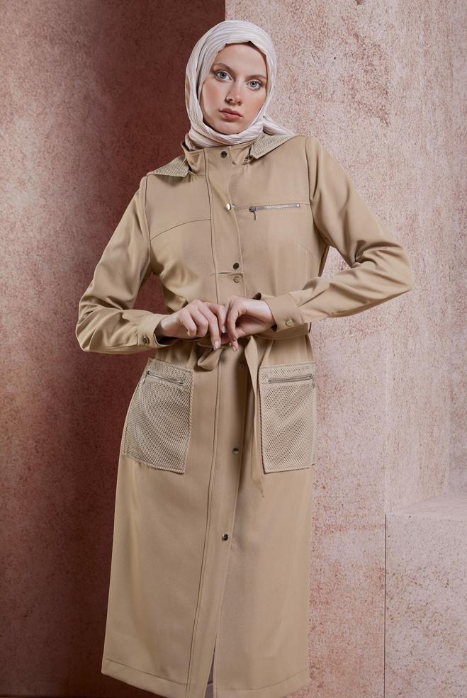 Hijab clothing BROWN BELTED HOODED TRENCH COAT 10893 - ALVİNA