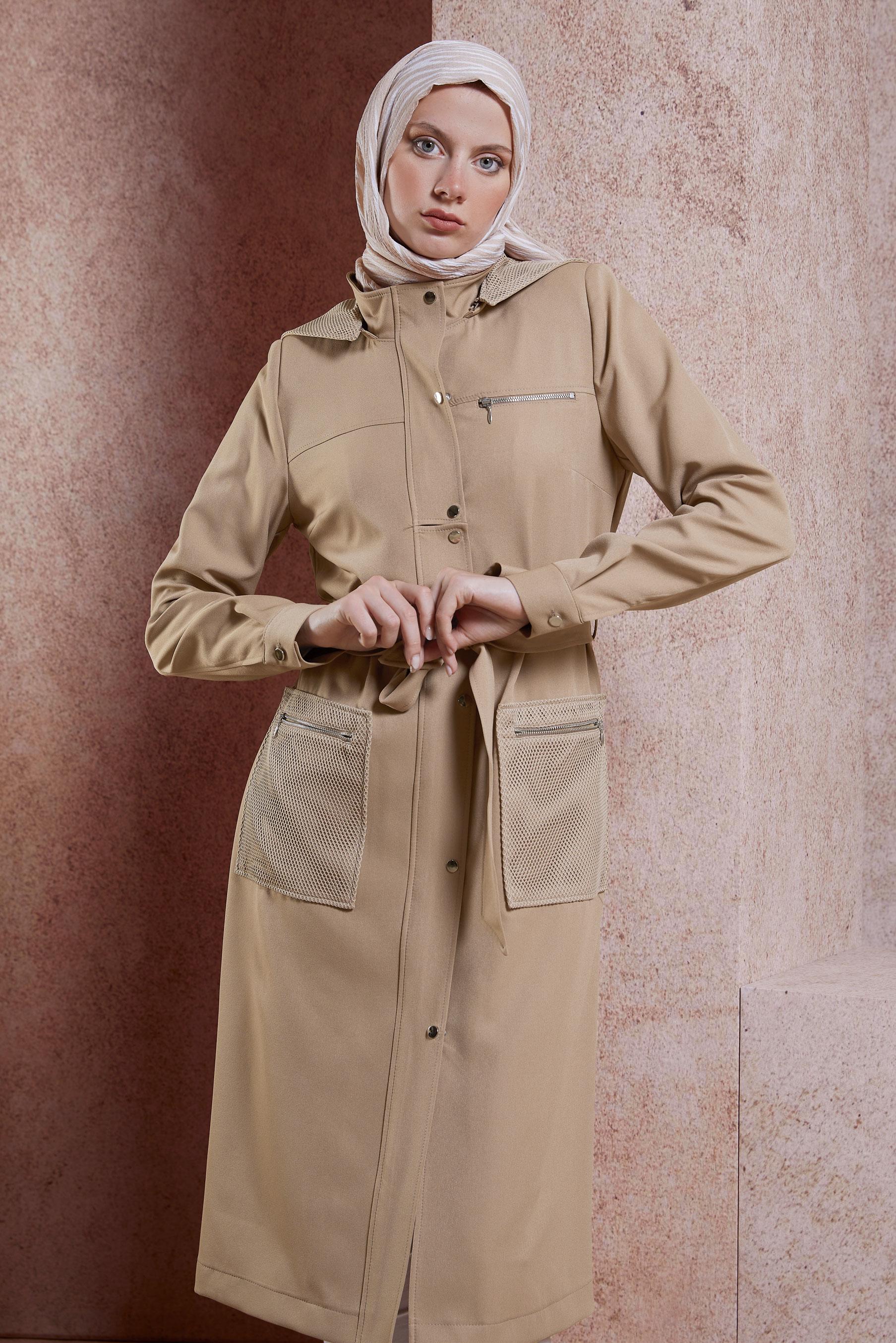 Hijab clothing BROWN BELTED HOODED TRENCH COAT 10893