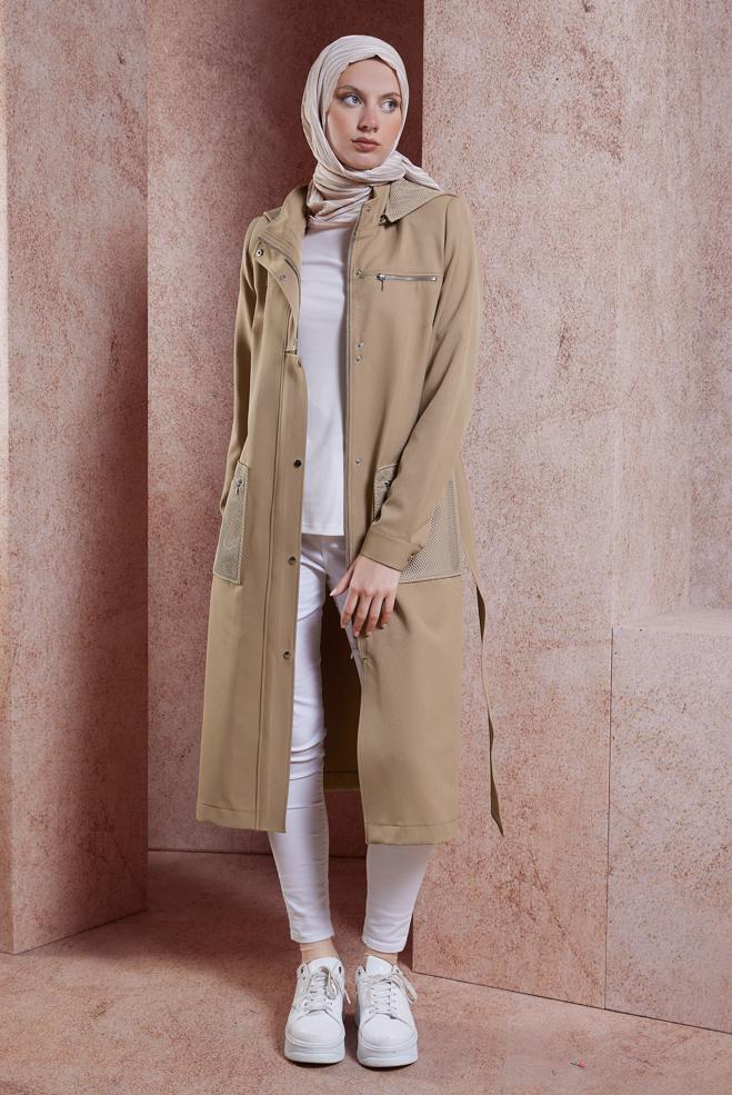 Hijab clothing BROWN BELTED HOODED TRENCH COAT 10893 - ALVİNA