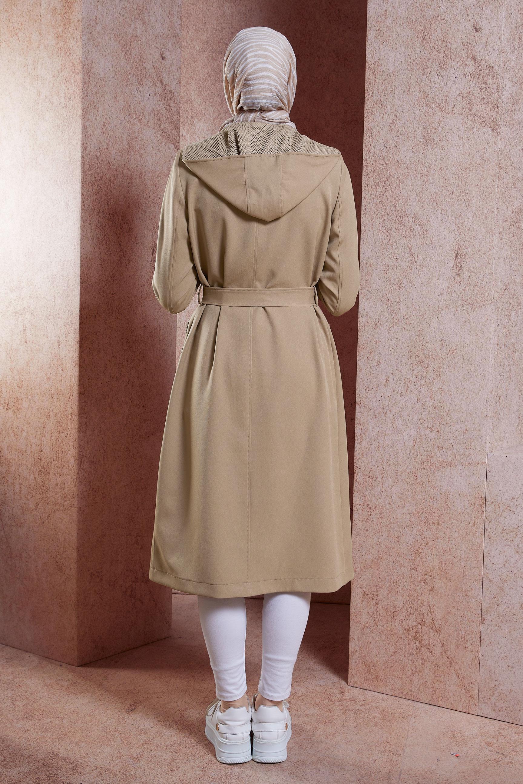 Hijab clothing BROWN BELTED HOODED TRENCH COAT 10893