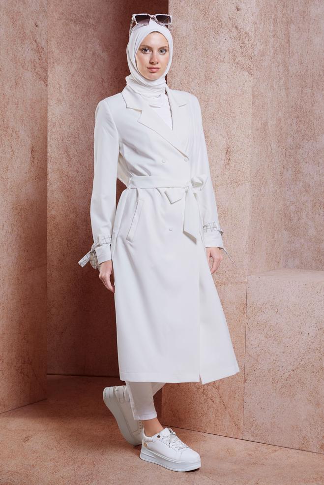Hijab clothing WHITE BELTED TRENCH COAT 10895 - ALVİNA
