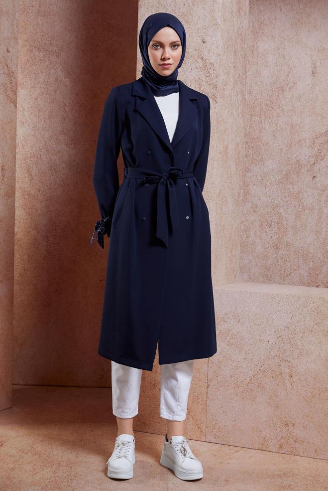 Vêtements hijab BLEU MARINE TRENCH-COAT CEINTURÉ 10895 - ALVİNA