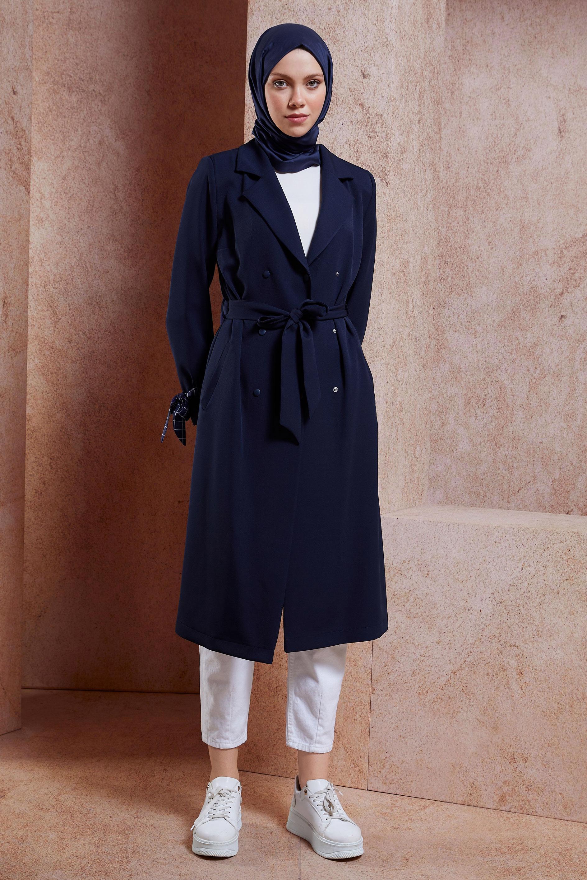 Tesettür giyim LACİVERT KUŞAKLI TRENÇKOT 10895