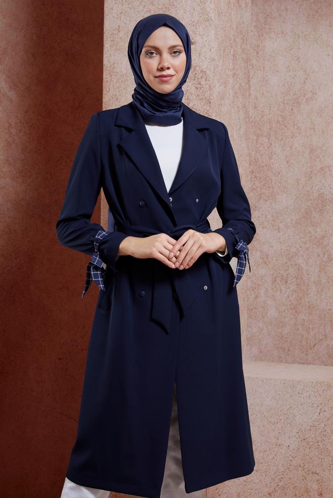 Vêtements hijab BLEU MARINE TRENCH-COAT CEINTURÉ 10895 - ALVİNA
