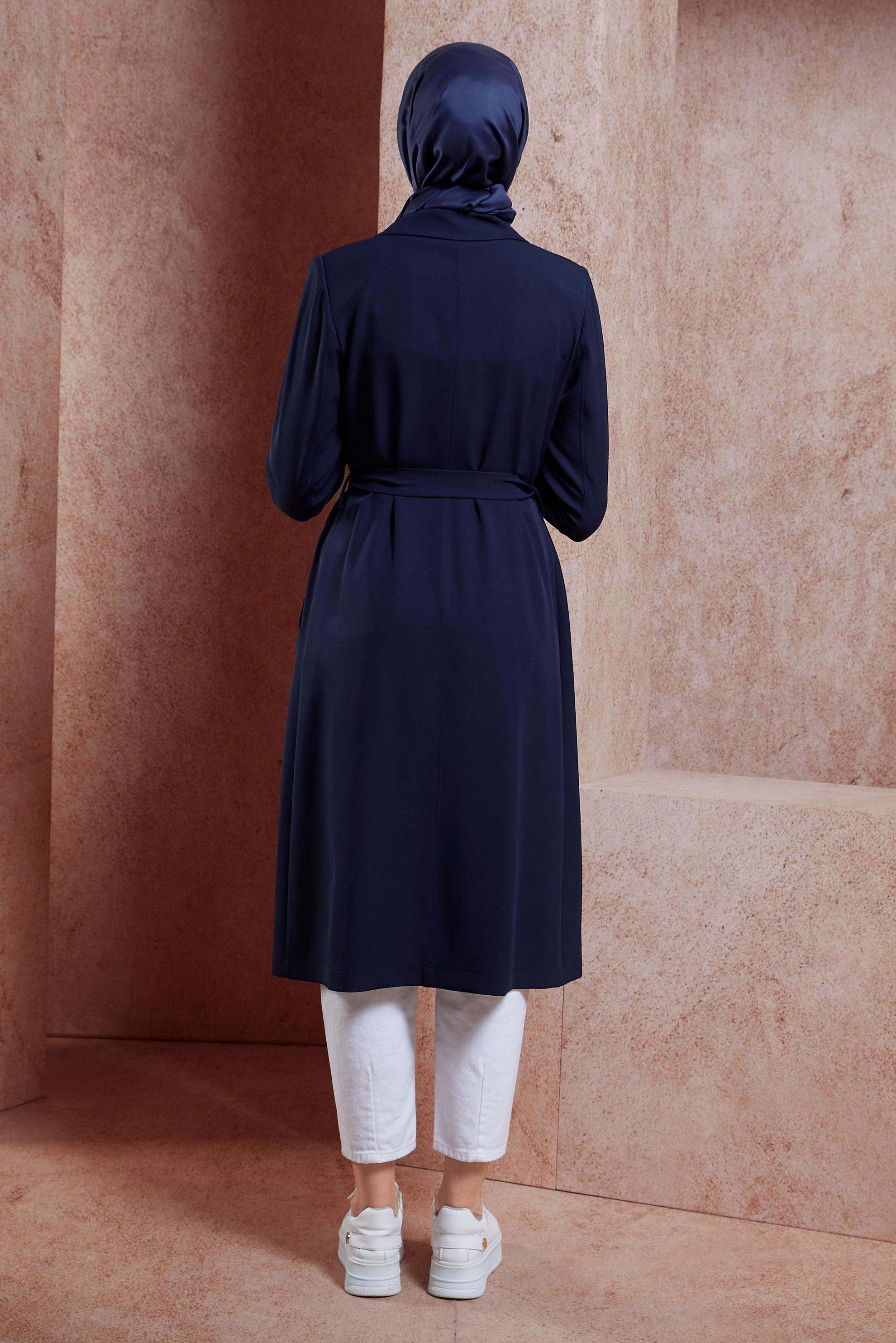 Tesettür giyim LACİVERT KUŞAKLI TRENÇKOT 10895