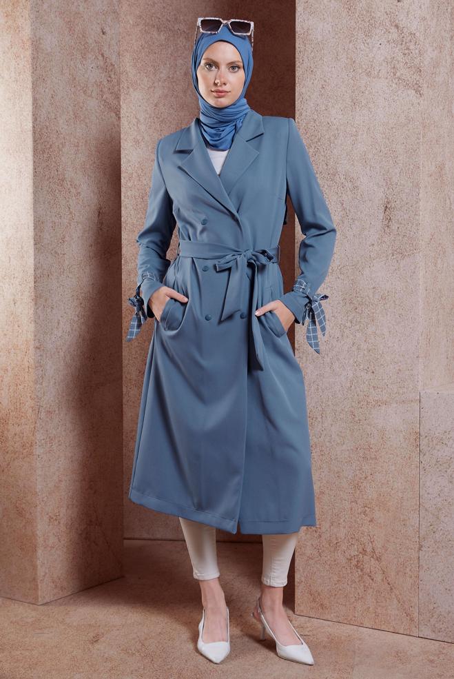 Vêtements hijab BLEU TRENCH-COAT CEINTURÉ 10895 - ALVİNA