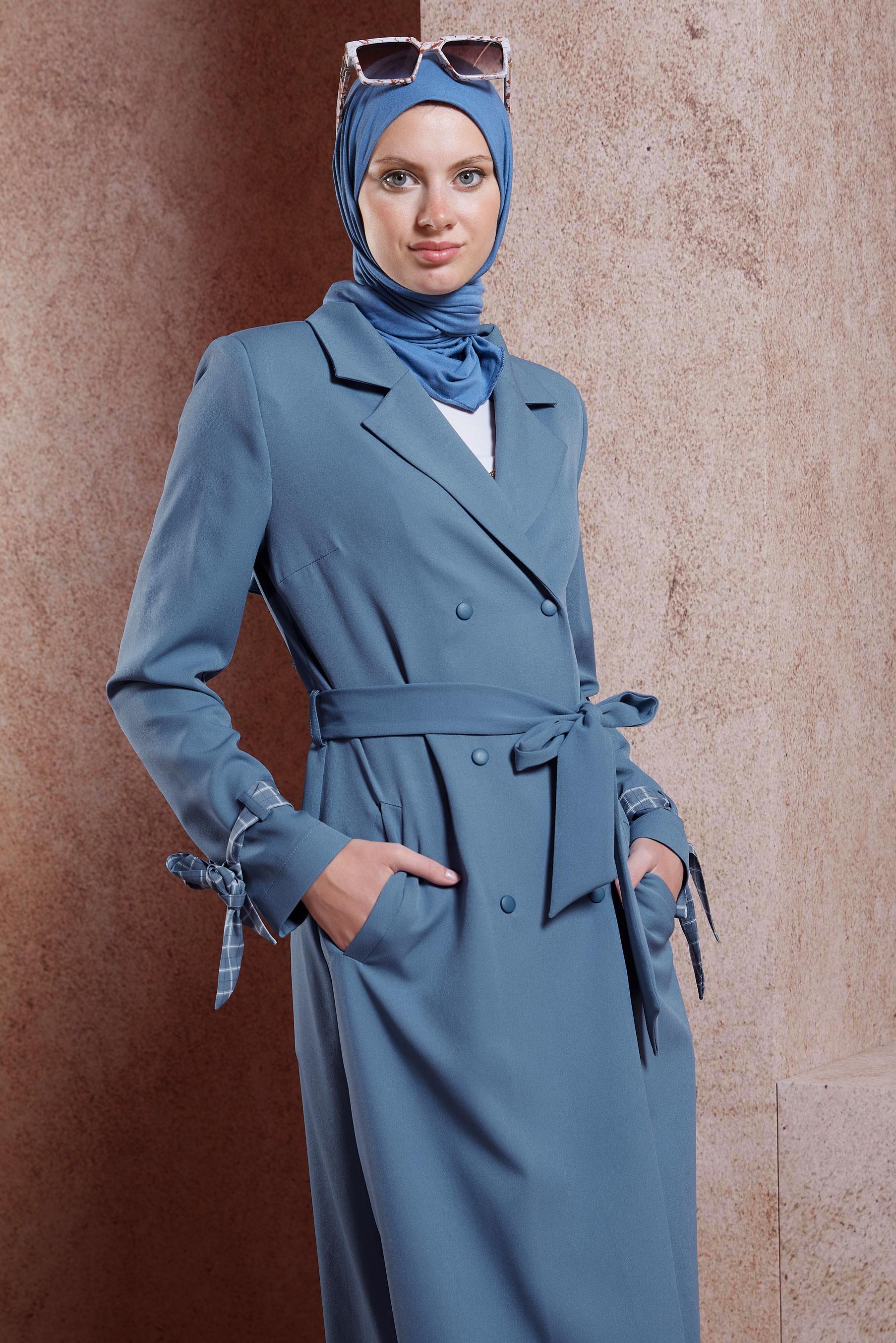 Tesettür giyim MAVİ KUŞAKLI TRENÇKOT 10895