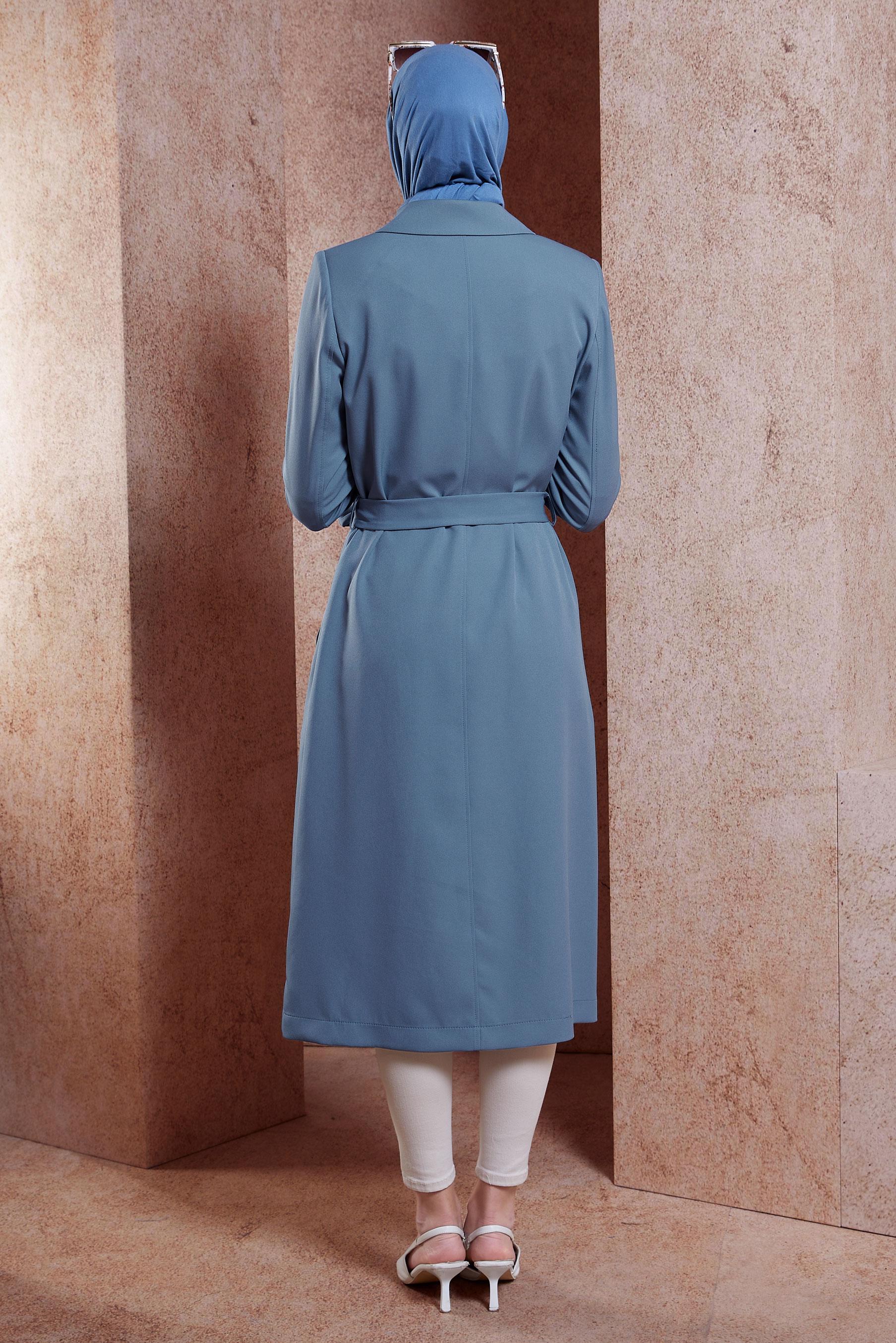 Tesettür giyim MAVİ KUŞAKLI TRENÇKOT 10895