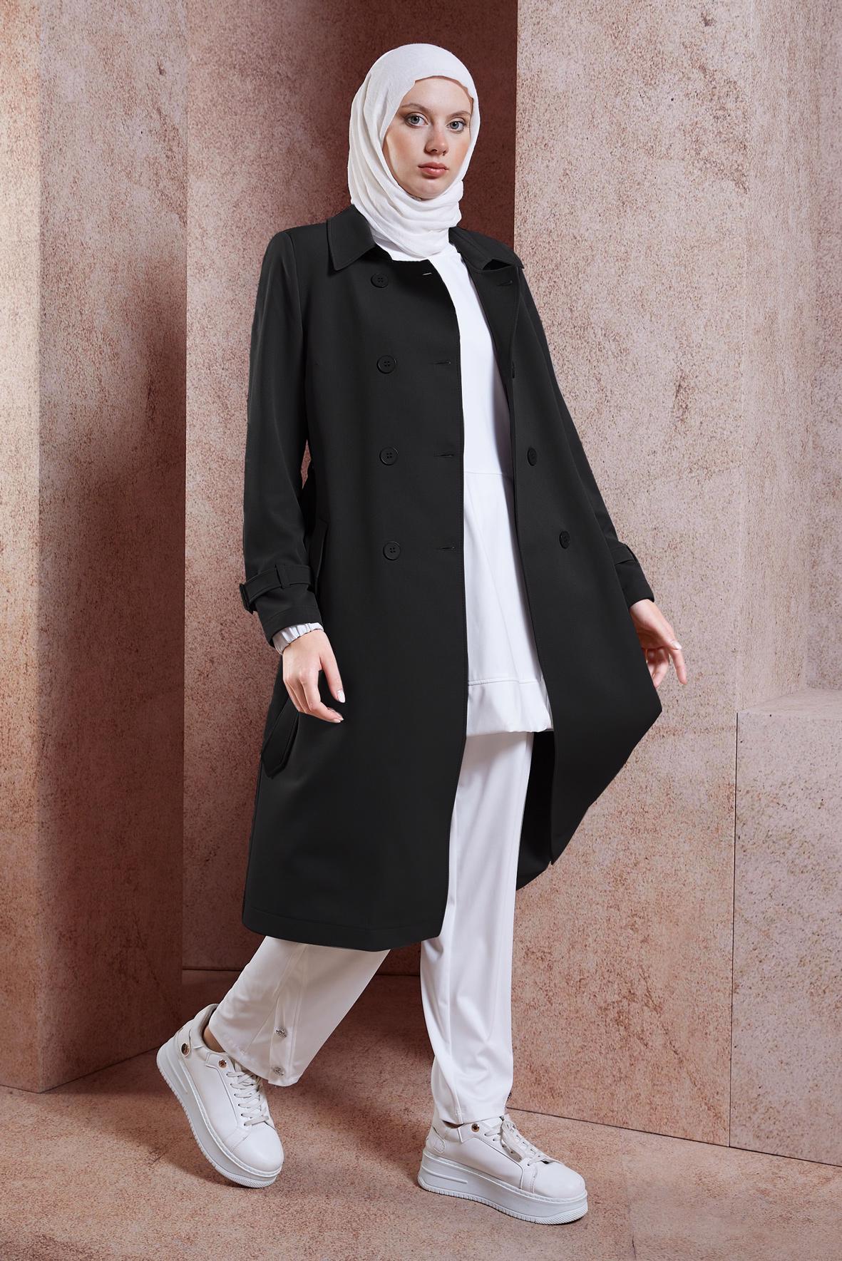 Hijab clothing BLACK BELTED TRENCH COAT 10896
