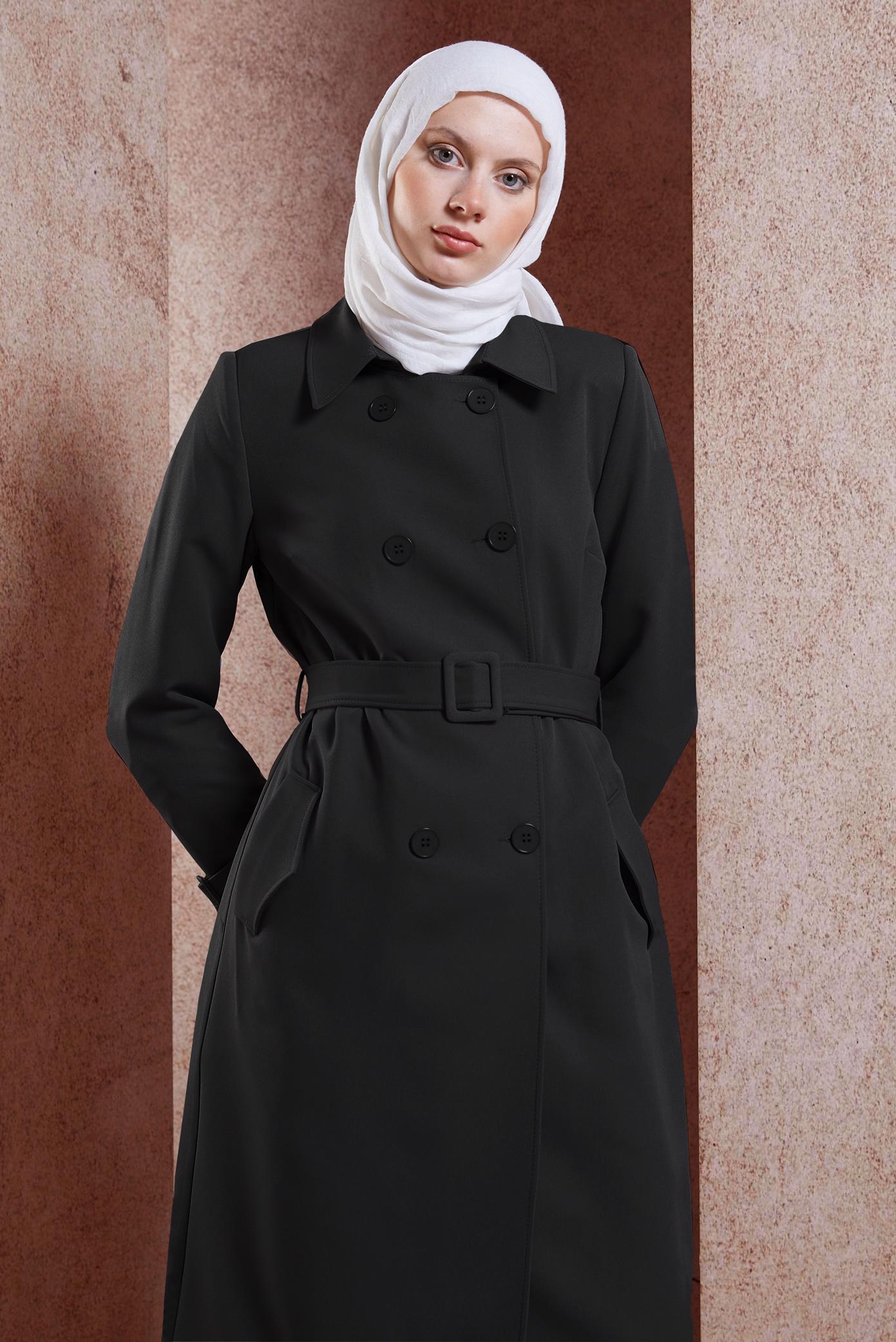 Hijab clothing BLACK BELTED TRENCH COAT 10896