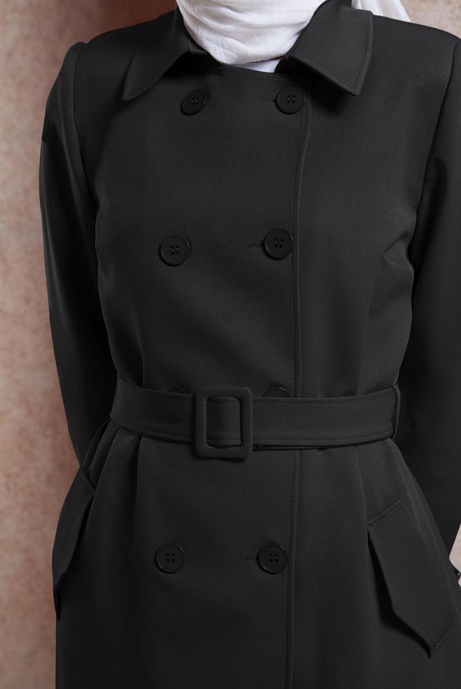 Hijab clothing BLACK BELTED TRENCH COAT 10896 - ALVİNA