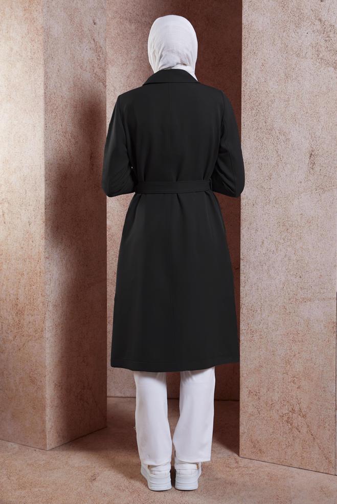 Hijab clothing BLACK BELTED TRENCH COAT 10896 - ALVİNA