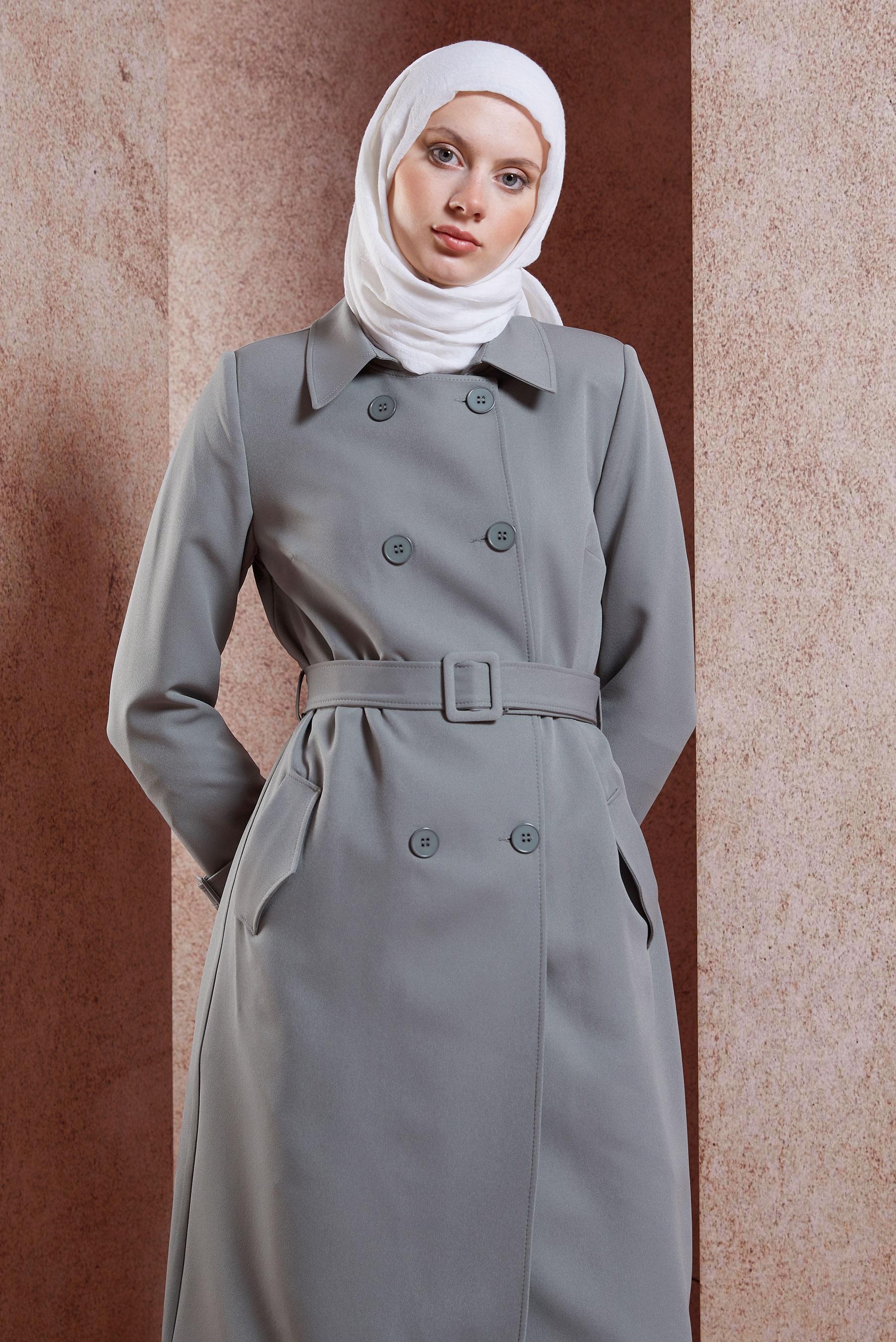 Tesettür giyim GRİ KEMERLİ TRENÇKOT 10896