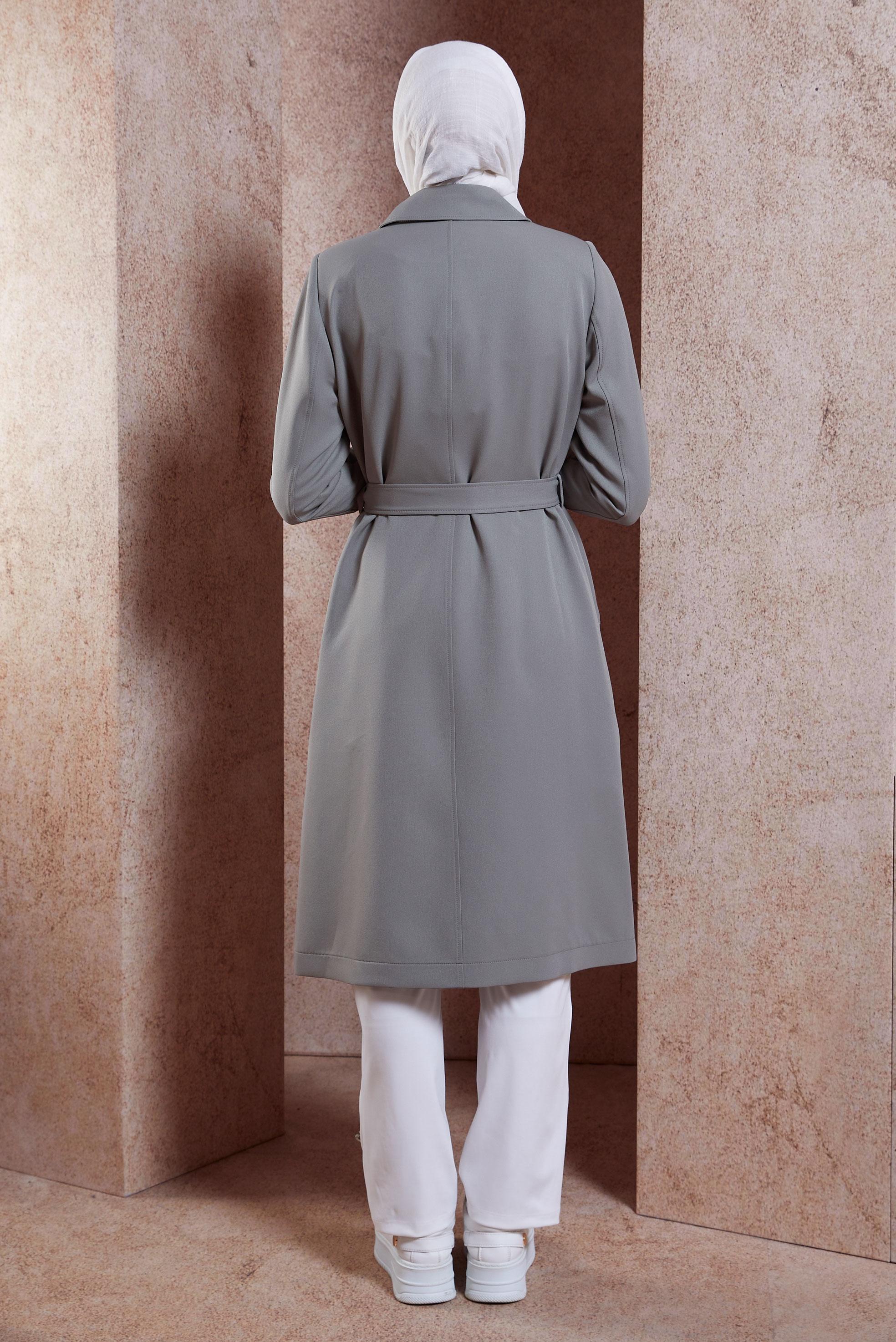 Tesettür giyim GRİ KEMERLİ TRENÇKOT 10896