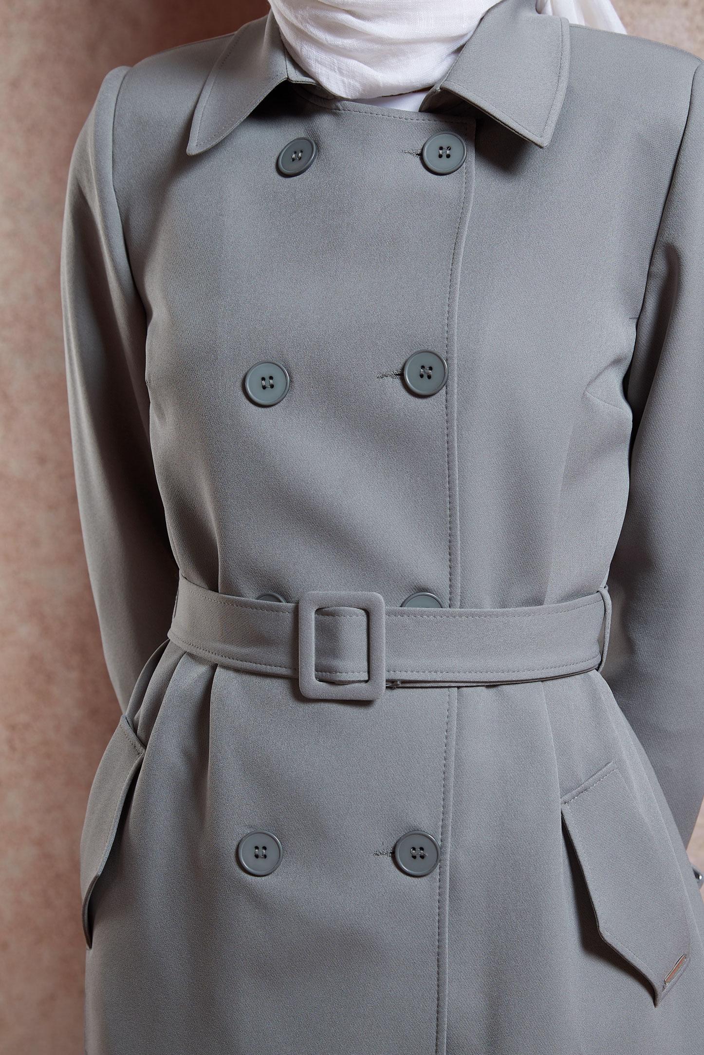 Tesettür giyim GRİ KEMERLİ TRENÇKOT 10896