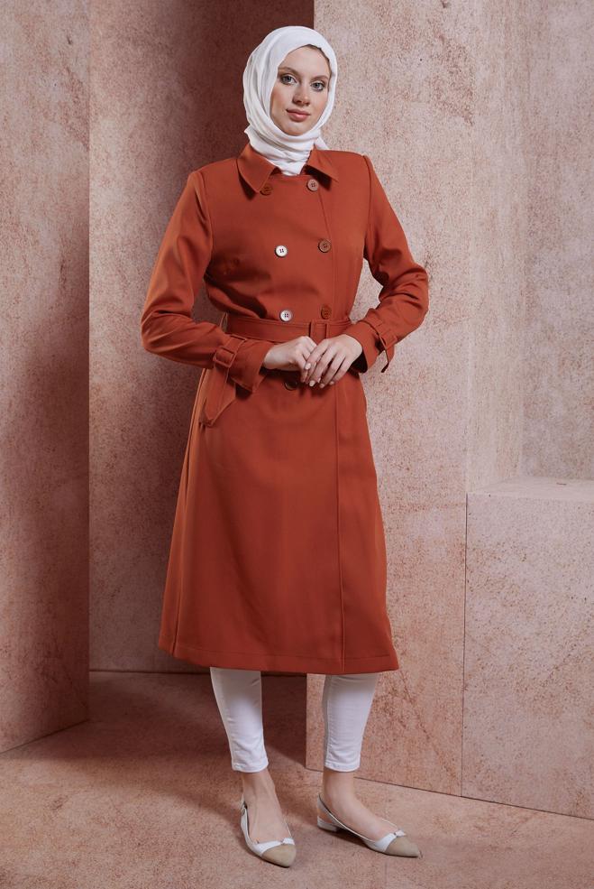 Vêtements hijab BRUN TRENCH-COAT CEINTURÉ 10896 - ALVİNA