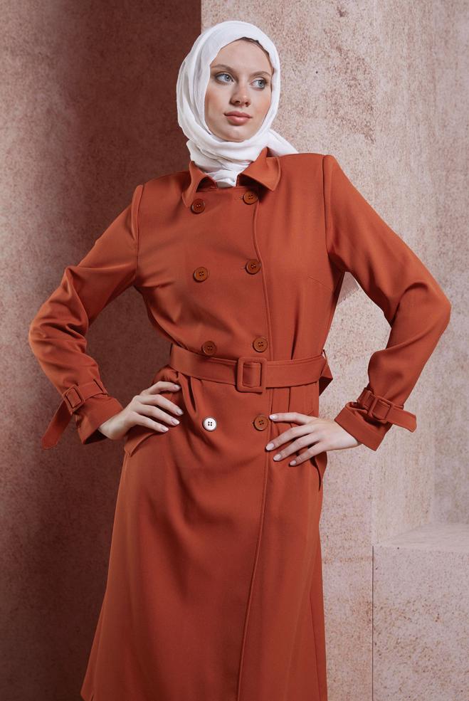 Vêtements hijab BRUN TRENCH-COAT CEINTURÉ 10896 - ALVİNA