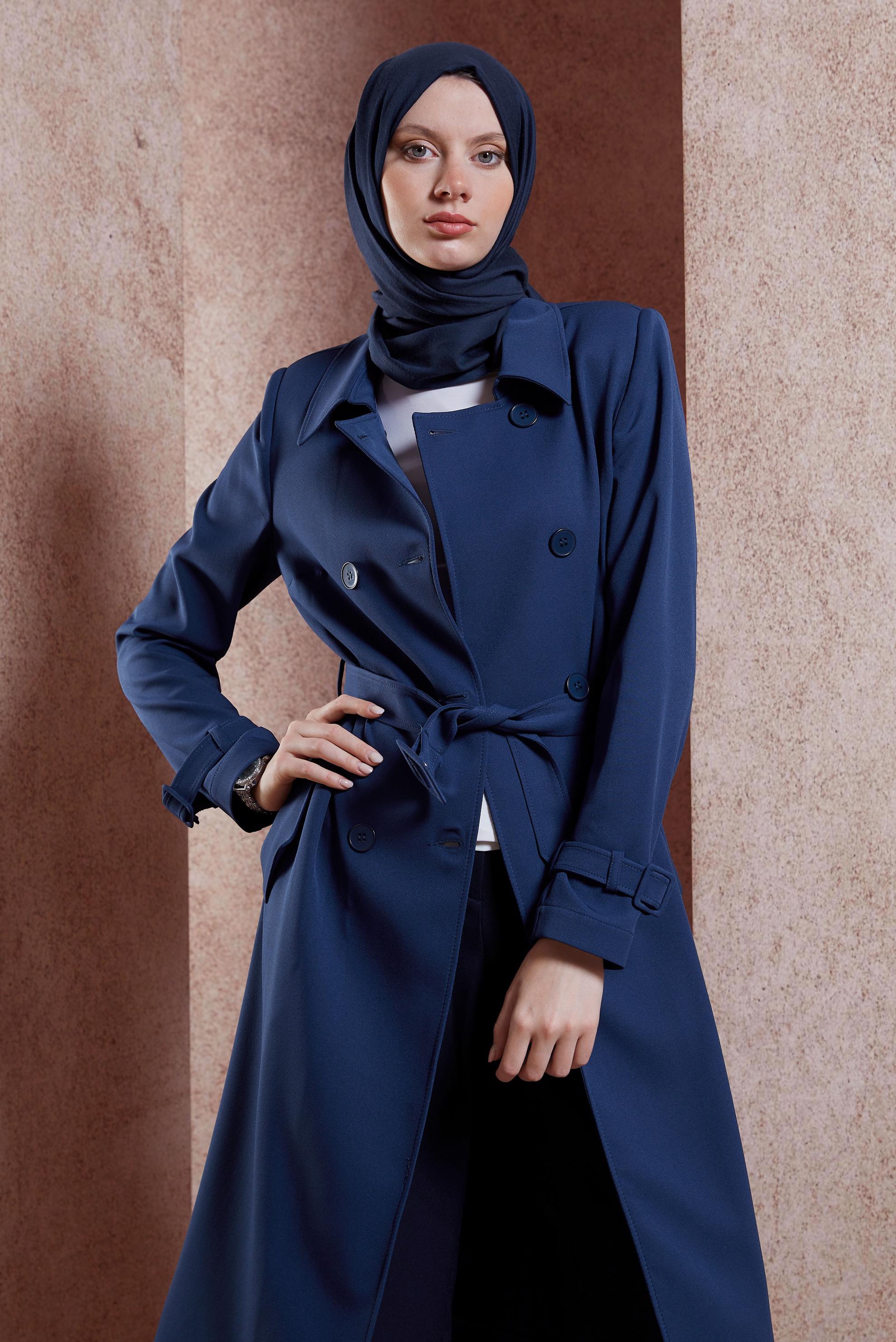 Hijab clothing NAVY BLUE BELTED TRENCH COAT 10896