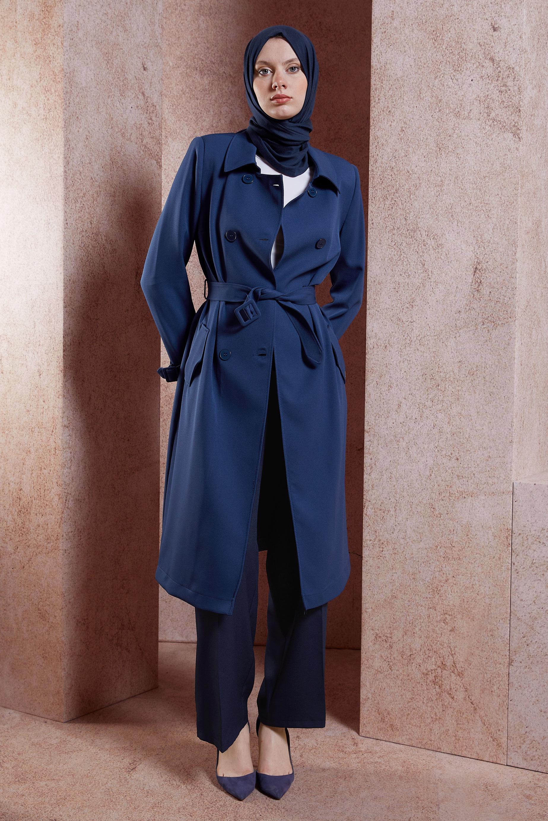 Hijab clothing NAVY BLUE BELTED TRENCH COAT 10896