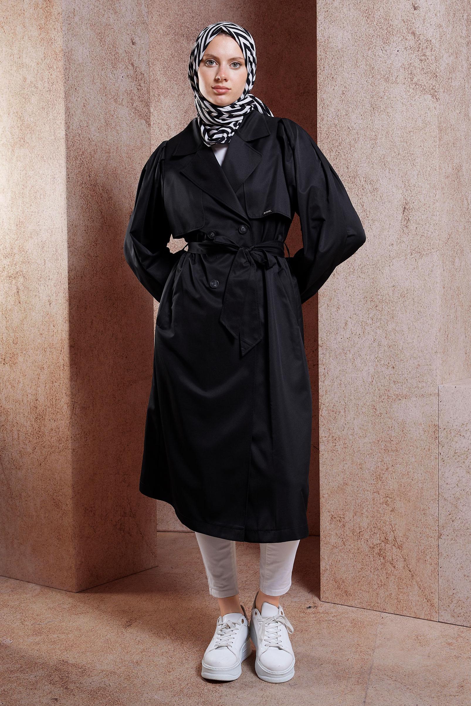 Tesettür giyim SİYAH KUŞAKLI TRENÇKOT 10898