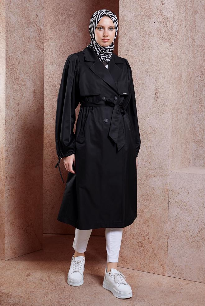Hijab clothing BLACK BELTED TRENCH COAT 10898 - ALVİNA