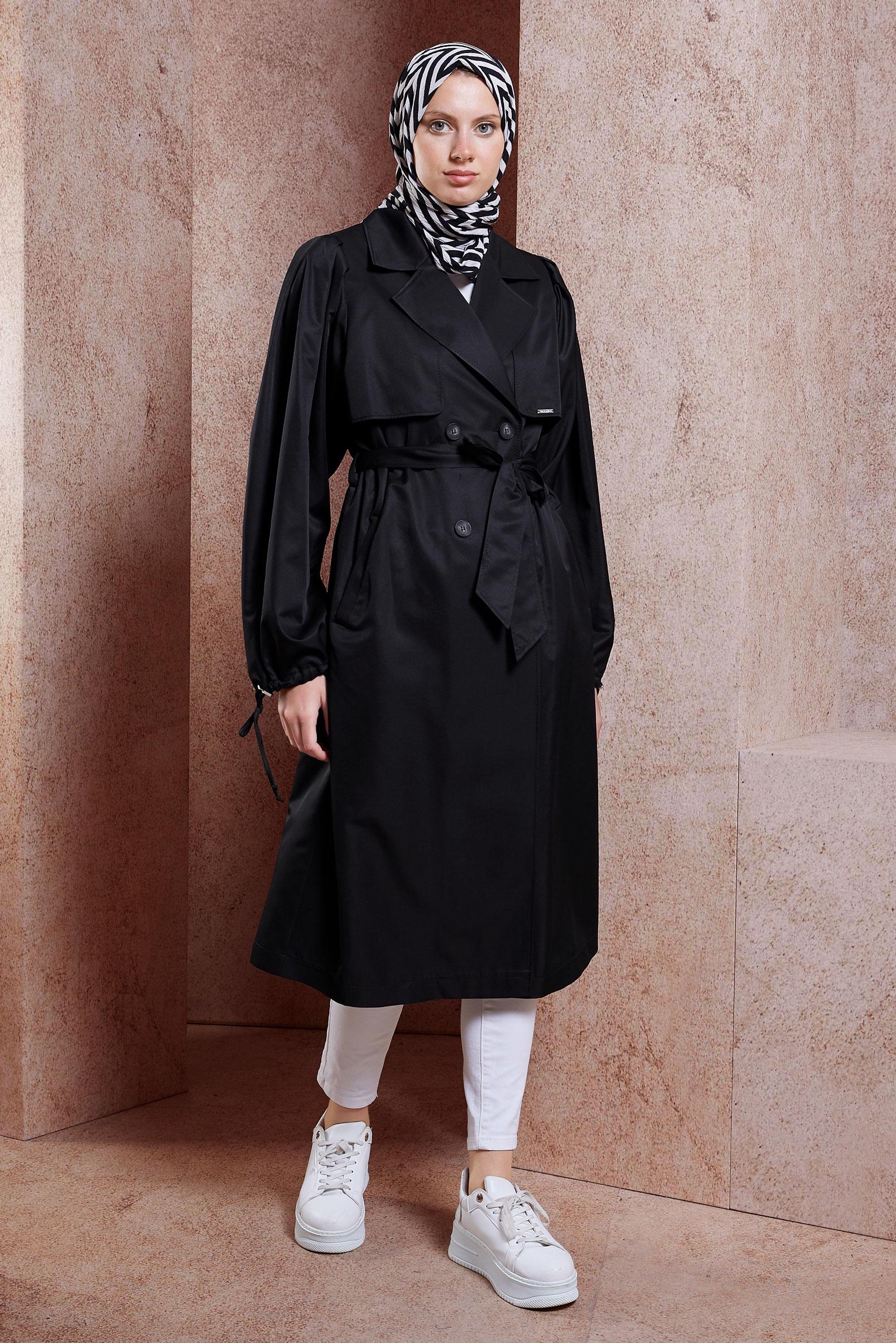 Tesettür giyim SİYAH KUŞAKLI TRENÇKOT 10898