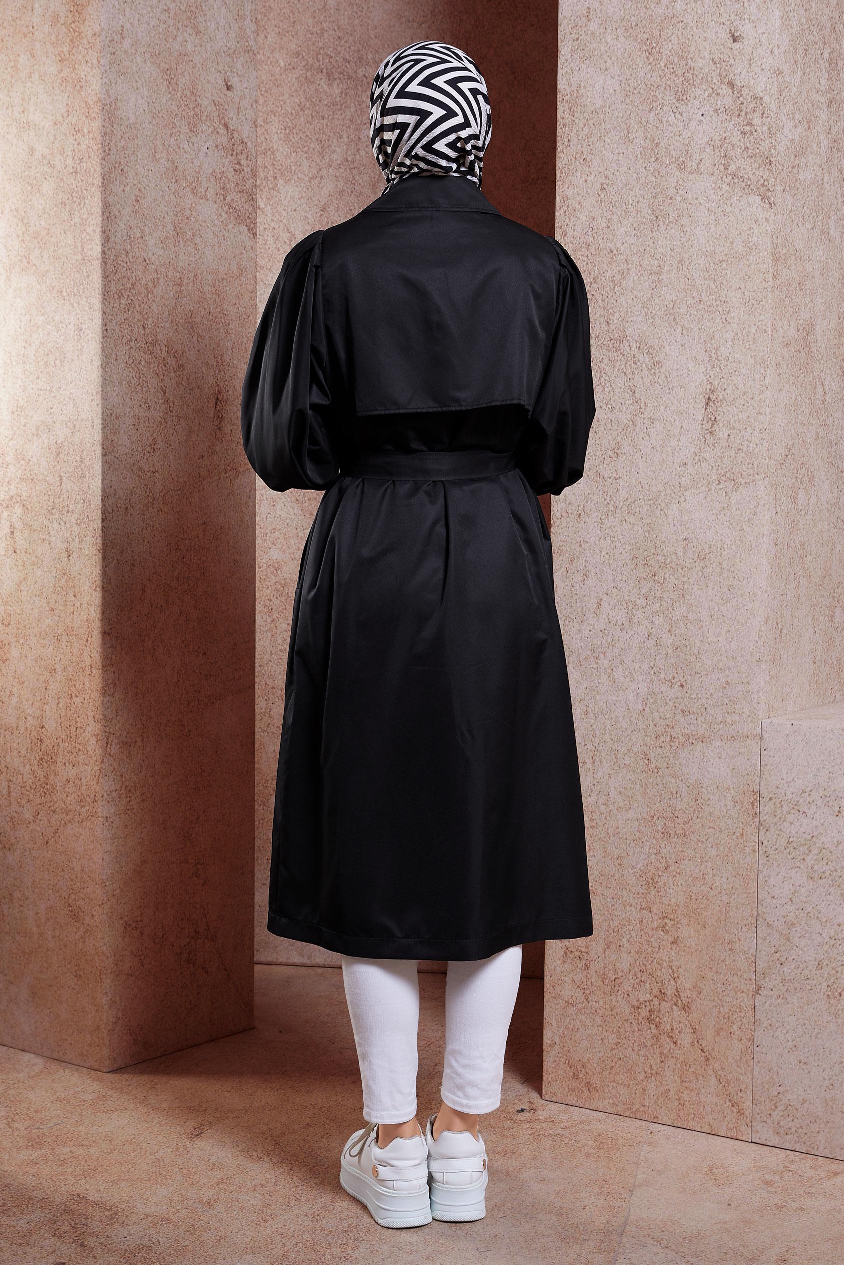 Tesettür giyim SİYAH KUŞAKLI TRENÇKOT 10898