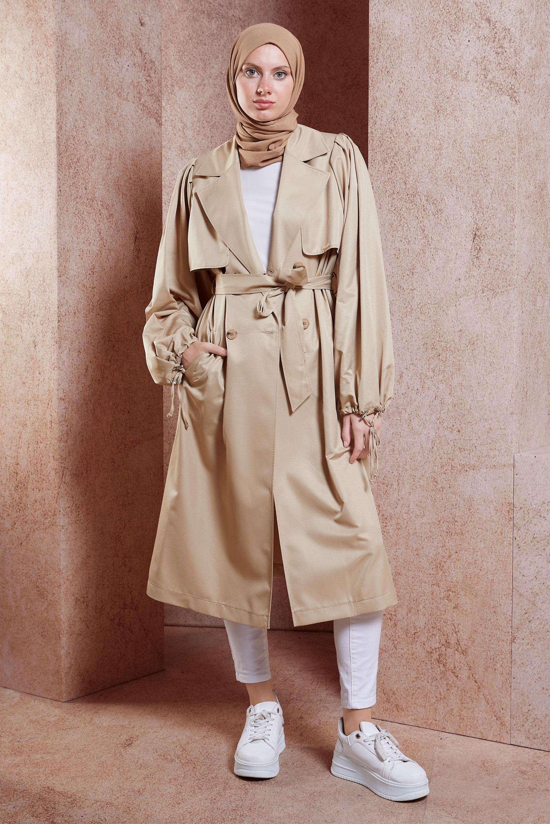Tesettür giyim BEJ KUŞAKLI TRENÇKOT 10898